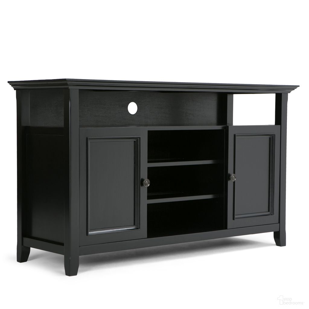 The appearance of Amherst 54 Inch Solid Wood TV Media Stand In Black designed by Simpli Home in the transitional interior design. This black piece of furniture  was selected by 1StopBedrooms from Amherst Collection to add a touch of cosiness and style into your home. Sku: AXCAMH-TV-BL. Material: Pine.