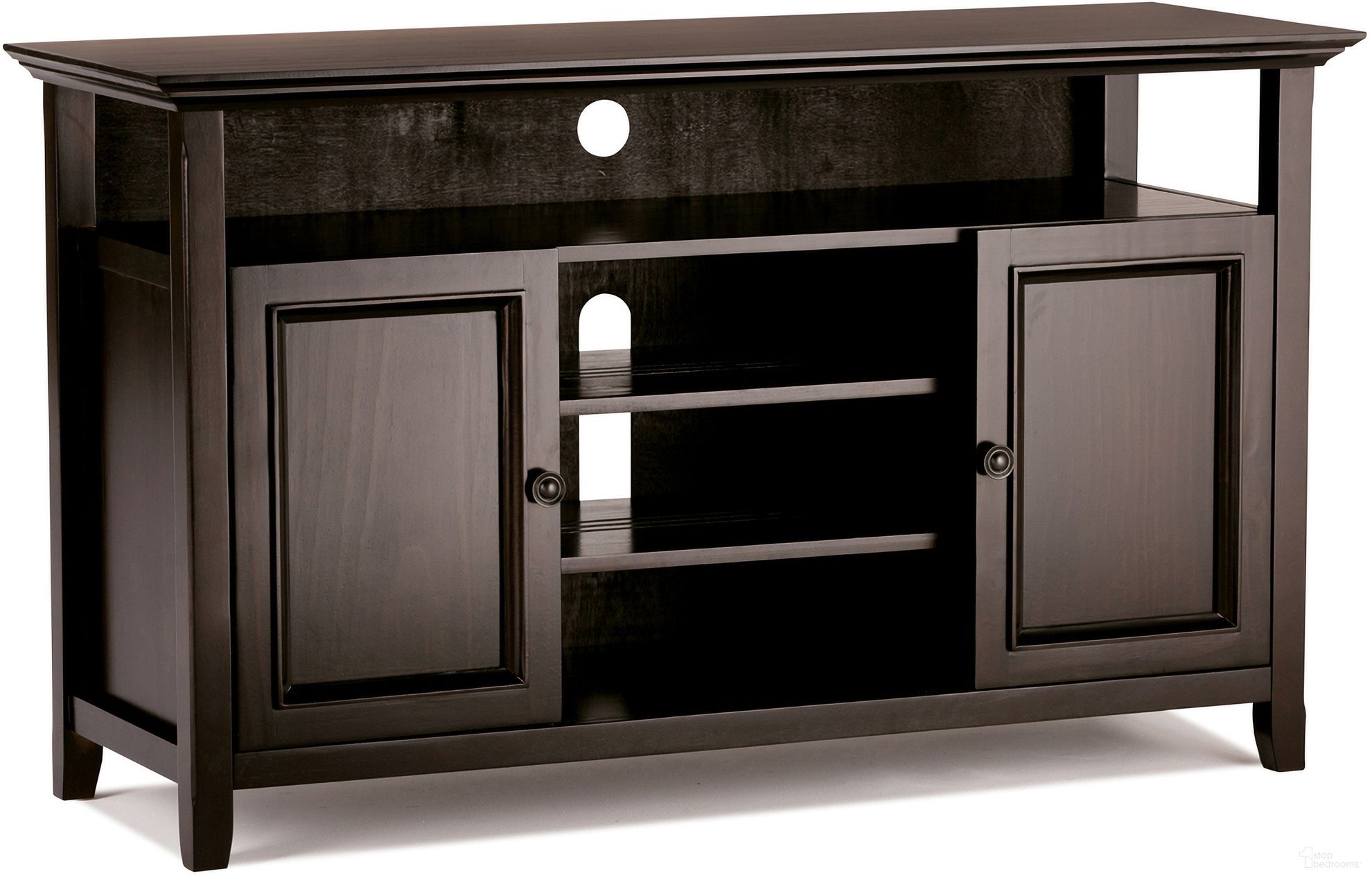 The appearance of Amherst 54 Inch Solid Wood TV Media Stand In Hickory Brown designed by Simpli Home in the transitional interior design. This hickory brown piece of furniture  was selected by 1StopBedrooms from Amherst Collection to add a touch of cosiness and style into your home. Sku: AXCRAMH16-HIC. Material: Pine.