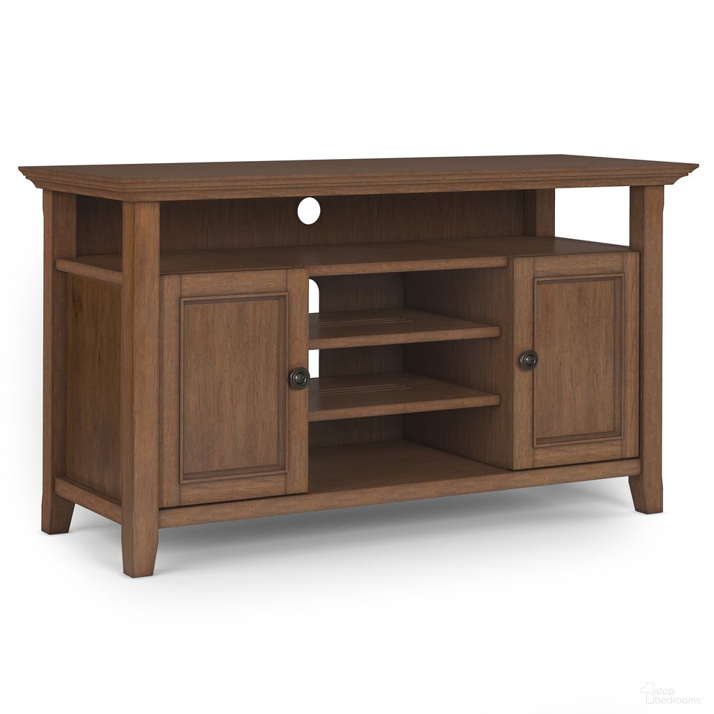 The appearance of Amherst 54 Inch Solid Wood TV Media Stand In Rustic Natural Aged Brown designed by Simpli Home in the transitional interior design. This rustic natural aged brown piece of furniture  was selected by 1StopBedrooms from Amherst Collection to add a touch of cosiness and style into your home. Sku: AXCAMH-TV-RNAB. Material: Pine.
