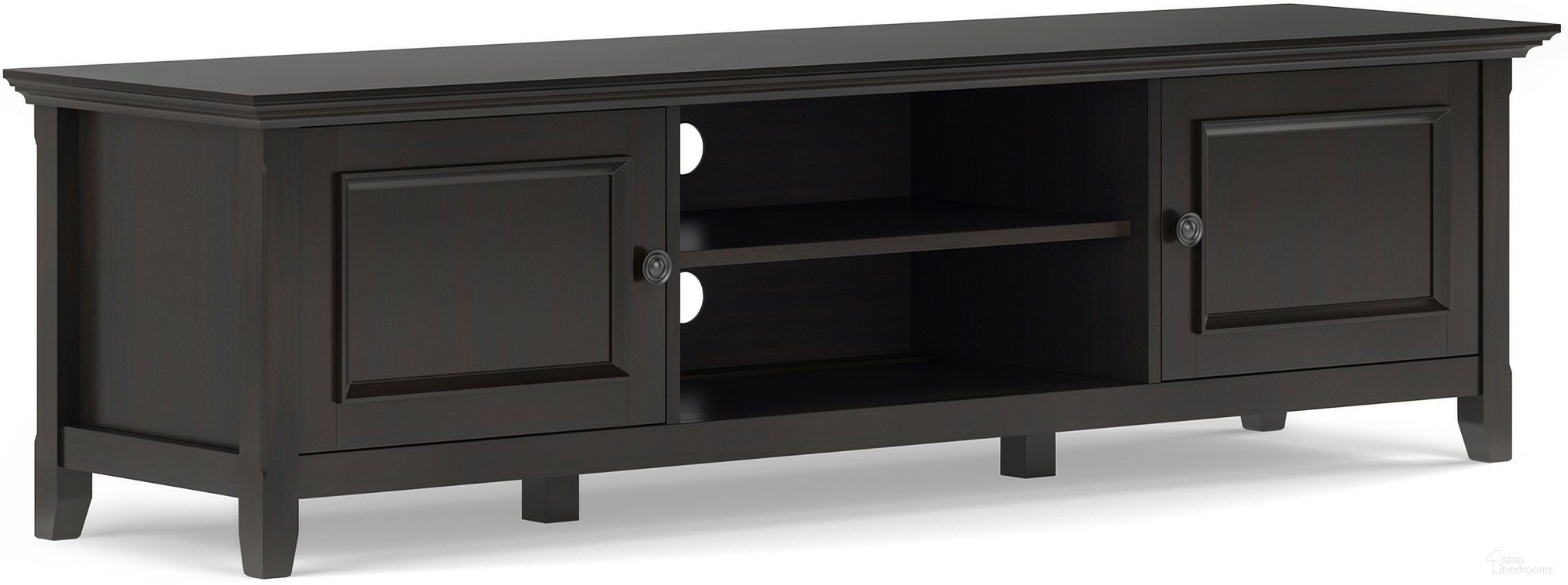 The appearance of Amherst 72 Inch Solid Wood Low TV Media Stand In Hickory Brown designed by Simpli Home in the transitional interior design. This hickory brown piece of furniture  was selected by 1StopBedrooms from Amherst Collection to add a touch of cosiness and style into your home. Sku: AXCAMHLOW-72-HIC. Material: Pine.