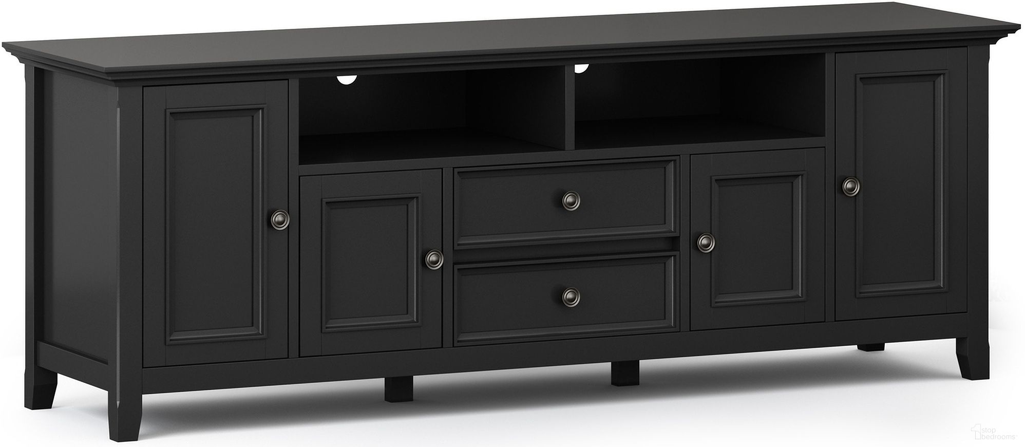 The appearance of Amherst 72 Inch Solid Wood TV Media Stand In Black designed by Simpli Home in the transitional interior design. This black piece of furniture was selected by 1StopBedrooms from Amherst Collection to add a touch of cosiness and style into your home. Sku: AXCAMH72-BL. Material: Pine.