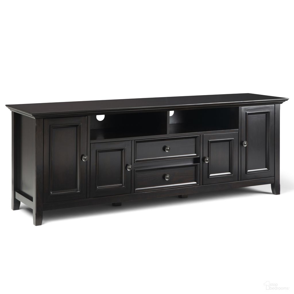 The appearance of Amherst 72 Inch Solid Wood TV Media Stand In Hickory Brown designed by Simpli Home in the transitional interior design. This hickory brown piece of furniture  was selected by 1StopBedrooms from Amherst Collection to add a touch of cosiness and style into your home. Sku: AXCRAMH72-HIC. Material: Pine.