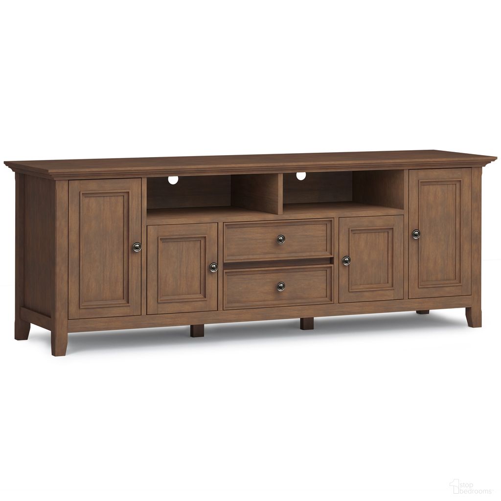 The appearance of Amherst 72 Inch Solid Wood TV Media Stand In Rustic Natural Aged Brown designed by Simpli Home in the transitional interior design. This rustic natural aged brown piece of furniture  was selected by 1StopBedrooms from Amherst Collection to add a touch of cosiness and style into your home. Sku: AXCAMH72-RNAB. Material: Pine.