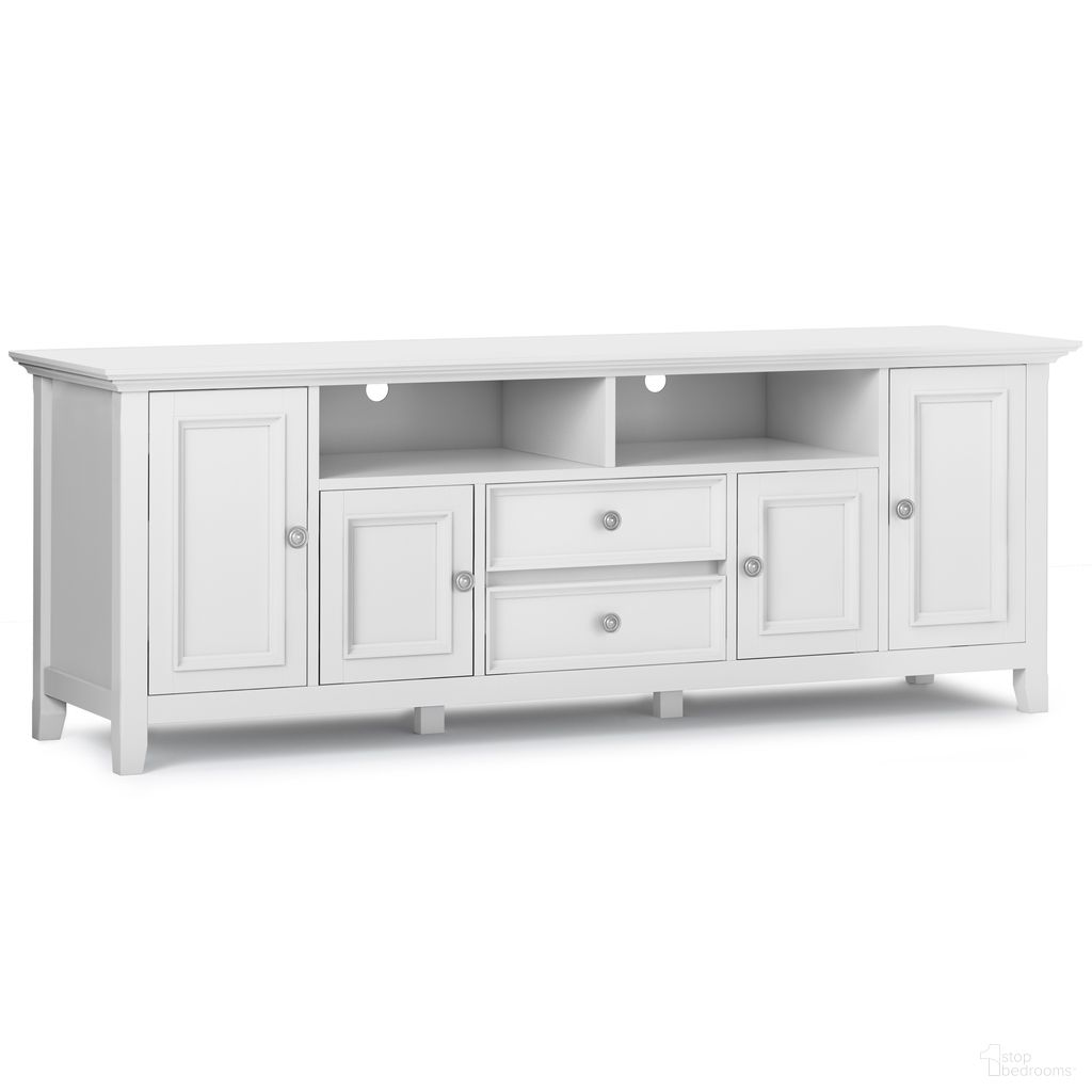 The appearance of Amherst 72 Inch Solid Wood TV Media Stand In White designed by Simpli Home in the transitional interior design. This white piece of furniture  was selected by 1StopBedrooms from Amherst Collection to add a touch of cosiness and style into your home. Sku: AXCAMH72-WH. Material: Pine.
