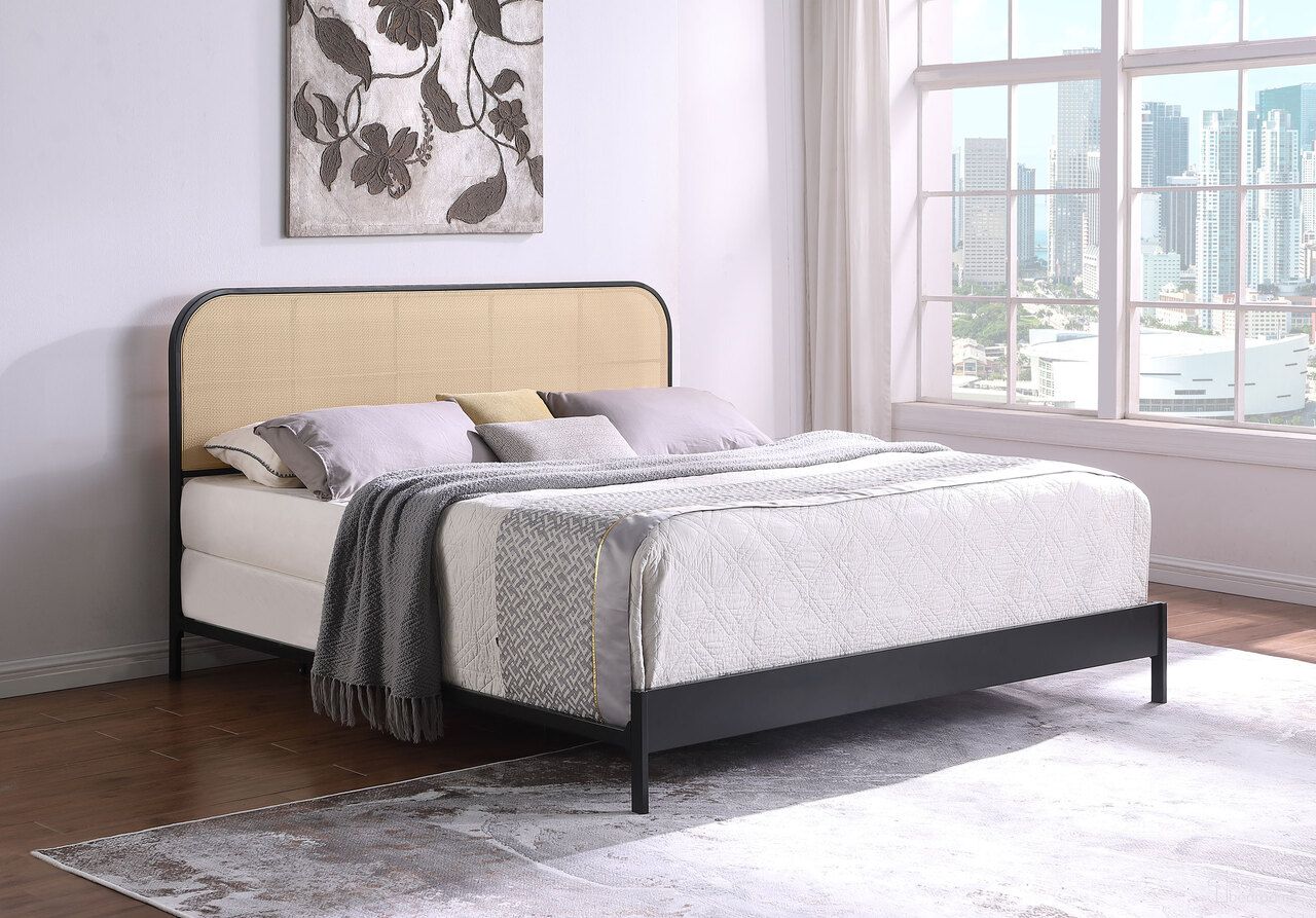The appearance of Amherst Radio Weave Rattan Metal Eastern King Bed In Black designed by Coaster in the coastal interior design. This black piece of furniture  was selected by 1StopBedrooms from Amherst Collection to add a touch of cosiness and style into your home. Sku: 360351KE. Bed Size: King. Material: Polyethylene. Bed Type: Metal Bed.