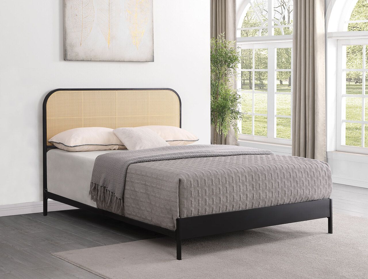 The appearance of Amherst Radio Weave Rattan Metal Queen Bed In Black designed by Coaster in the coastal interior design. This black piece of furniture was selected by 1StopBedrooms from Amherst Collection to add a touch of cosiness and style into your home. Sku: 360351Q. Bed Size: Queen. Material: Polyethylene. Bed Type: Metal Bed.