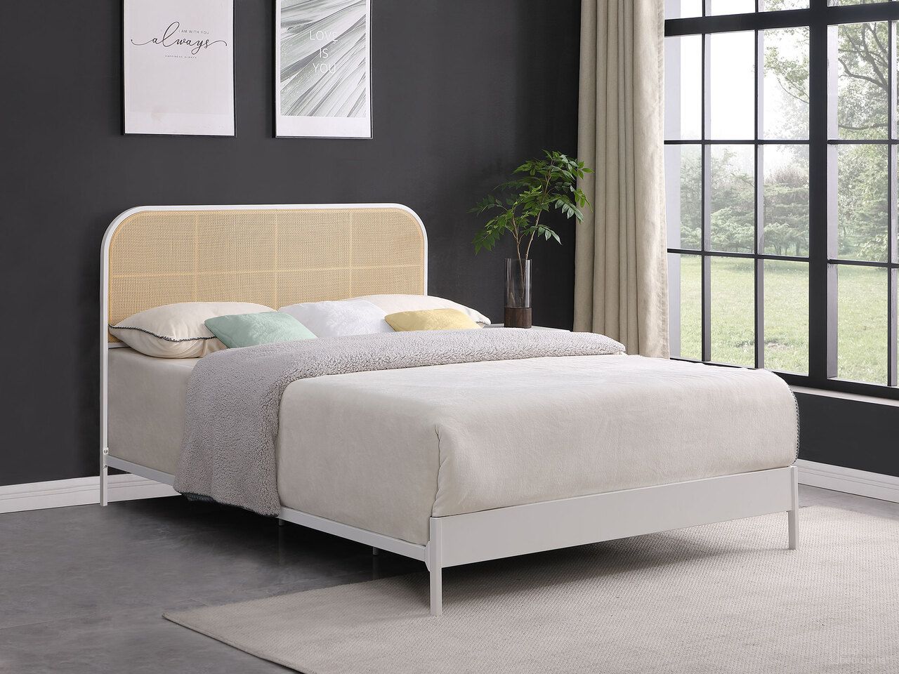 The appearance of Amherst Radio Weave Rattan Metal Queen Bed In White designed by Coaster in the coastal interior design. This white piece of furniture  was selected by 1StopBedrooms from Amherst Collection to add a touch of cosiness and style into your home. Sku: 360301Q. Bed Size: Queen. Material: Polyethylene. Bed Type: Metal Bed.