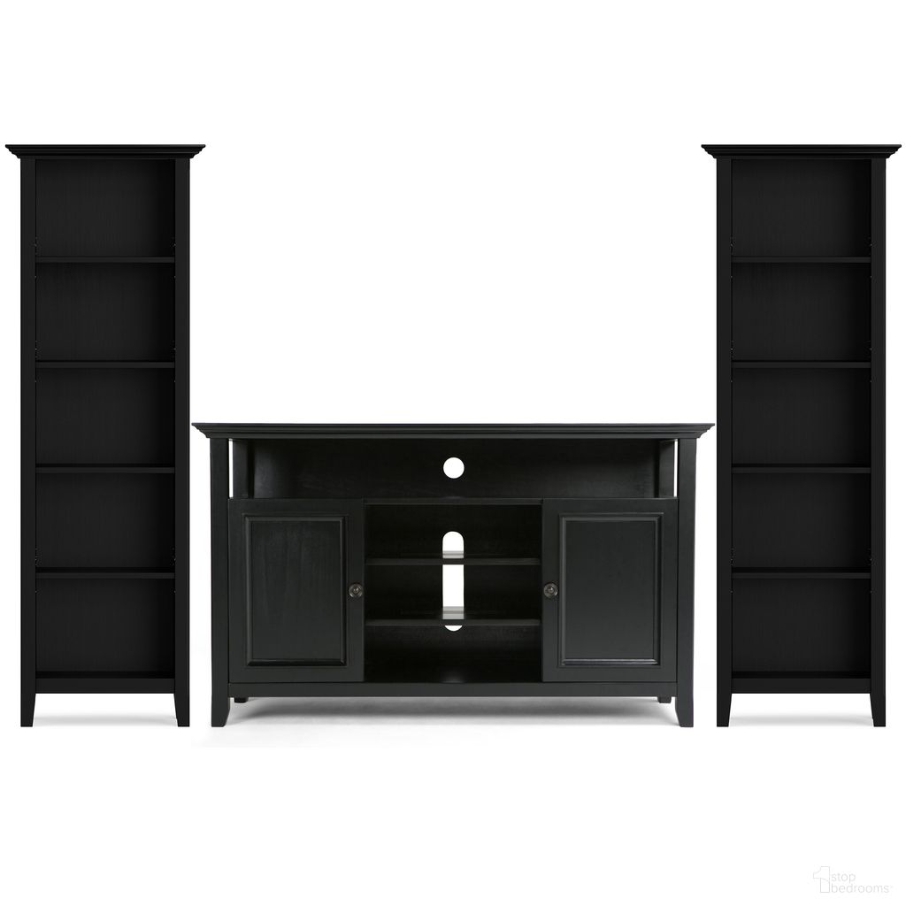 The appearance of Amherst Solid Wood 54 Inch TV Stand with 24 Inch 5 Shelf Bookcases Set of 3 In Black designed by Simpli Home in the traditional interior design. This black piece of furniture  was selected by 1StopBedrooms from Amherst Collection to add a touch of cosiness and style into your home. Sku: AMMED002BL. Material: Pine.