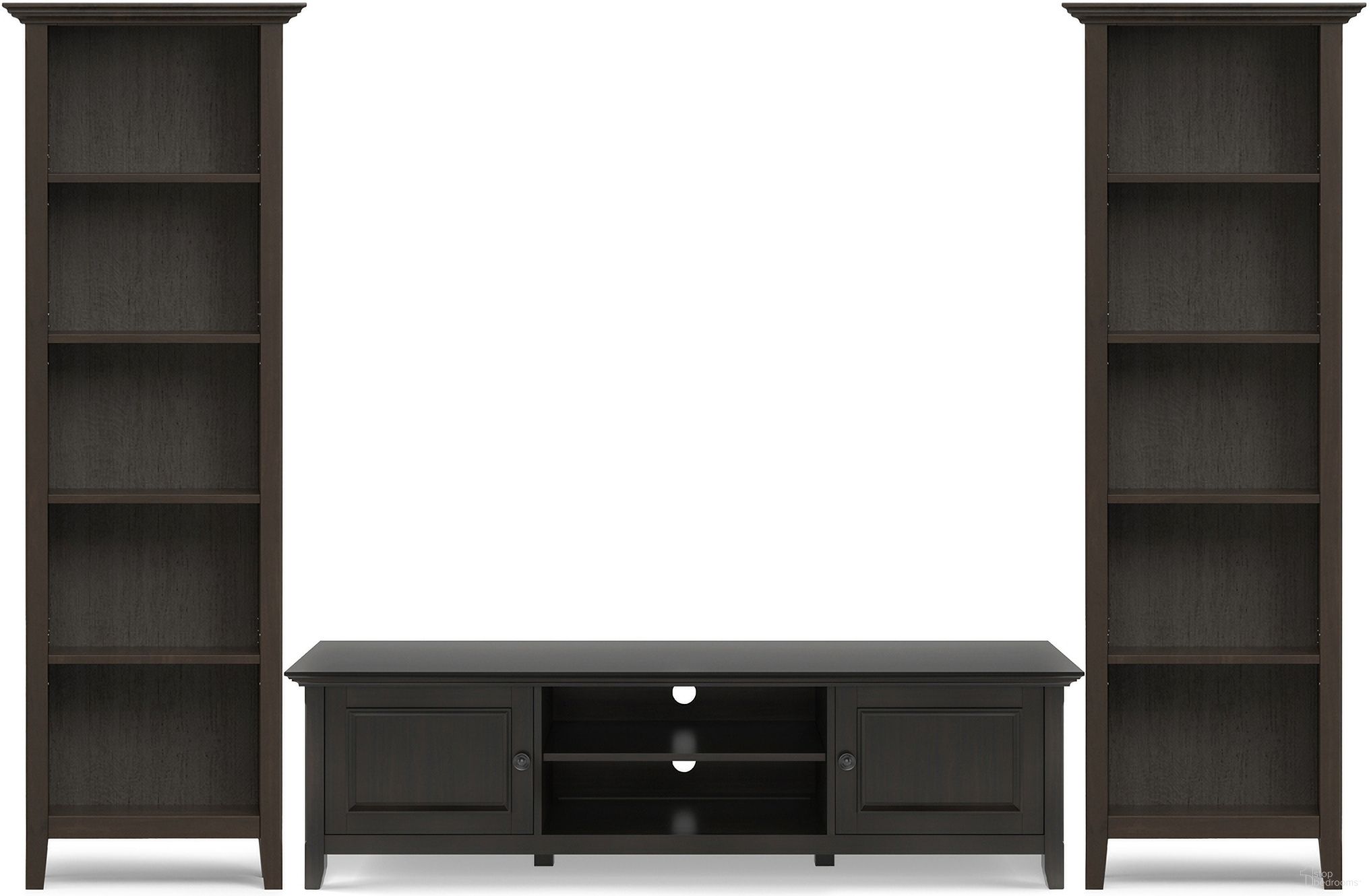 The appearance of Amherst Solid Wood 72 Inch Low TV Stand with 24 Inch 5 Shelf Bookcases Set of 3 In Hickory Brown designed by Simpli Home in the modern / contemporary interior design. This hickory brown piece of furniture was selected by 1StopBedrooms from Amherst Collection to add a touch of cosiness and style into your home. Sku: AMMED003HIC. Material: Pine.