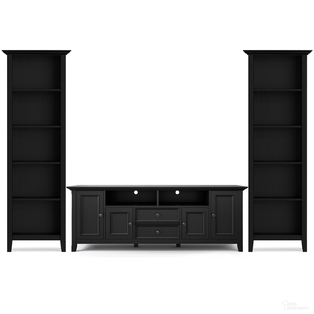 The appearance of Amherst Solid Wood 72 Inch TV Stand with 24 Inch 5 Shelf Bookcases Set of 3 In Black designed by Simpli Home in the modern / contemporary interior design. This black piece of furniture  was selected by 1StopBedrooms from Amherst Collection to add a touch of cosiness and style into your home. Sku: AMMED001BL. Material: Pine.