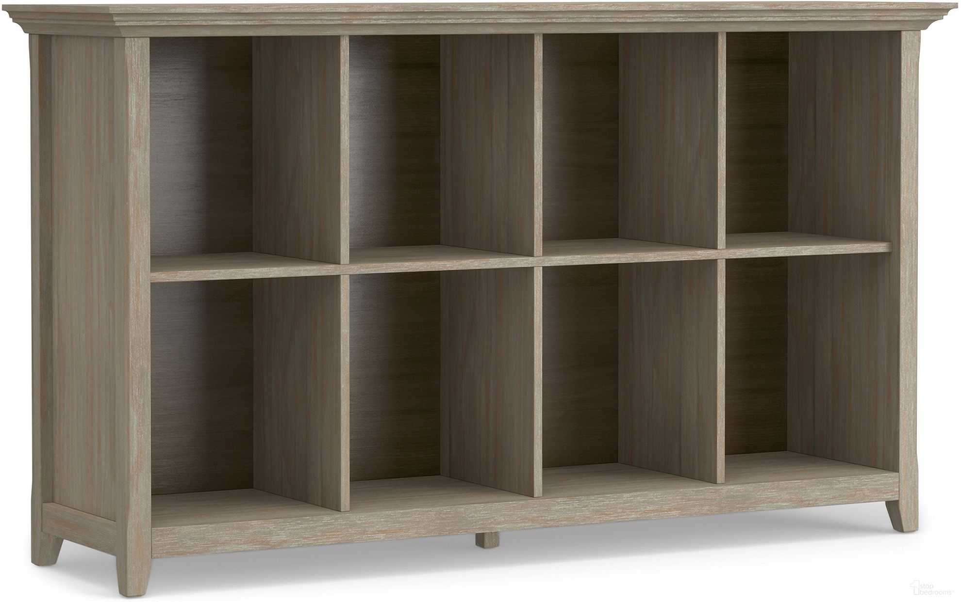The appearance of Amherst Solid Wood 8 Cube Storage Sofa Table In Distressed Grey designed by Simpli Home in the transitional interior design. This distressed grey piece of furniture was selected by 1StopBedrooms from Amherst Collection to add a touch of cosiness and style into your home. Sku: AXCAMH20-GR. Material: Pine.
