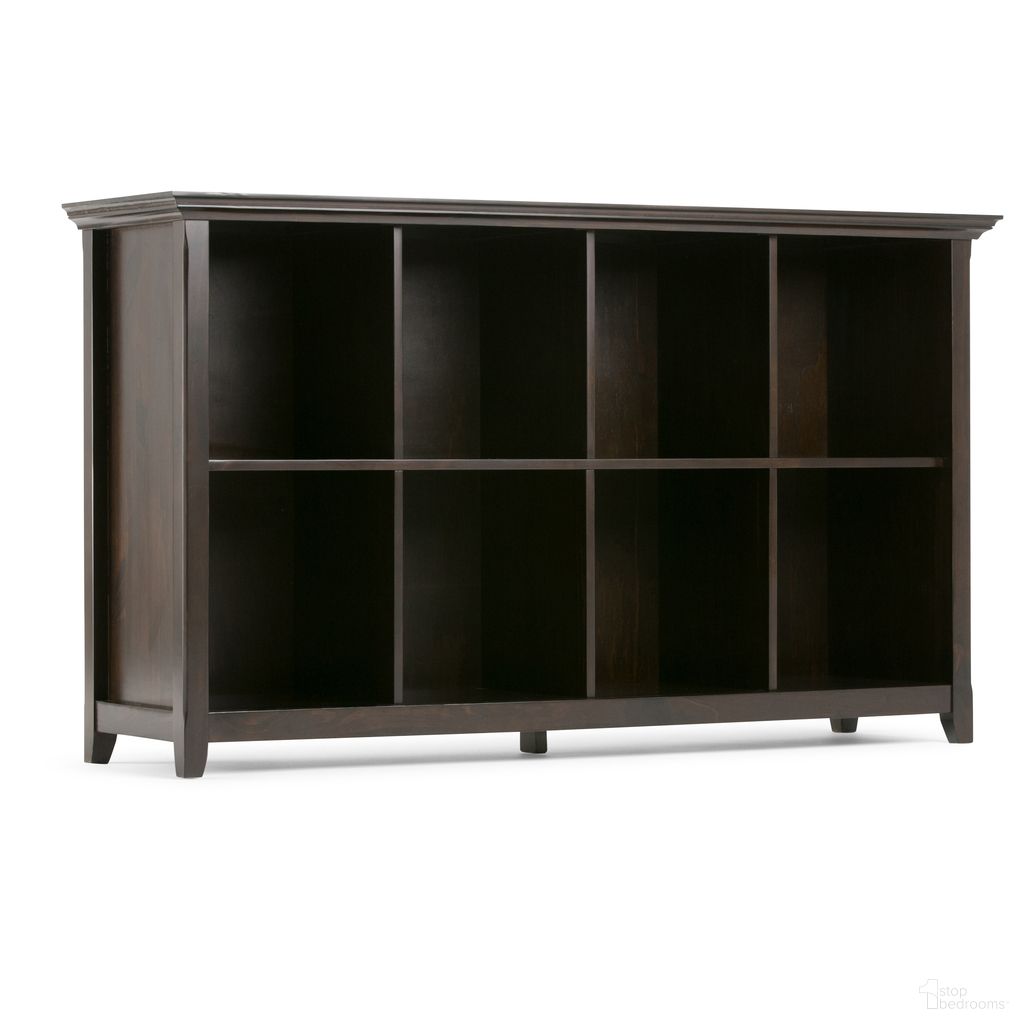The appearance of Amherst Solid Wood 8 Cube Storage Sofa Table In Hickory Brown designed by Simpli Home in the transitional interior design. This hickory brown piece of furniture  was selected by 1StopBedrooms from Amherst Collection to add a touch of cosiness and style into your home. Sku: AXCRAMH20-HIC. Material: Pine.