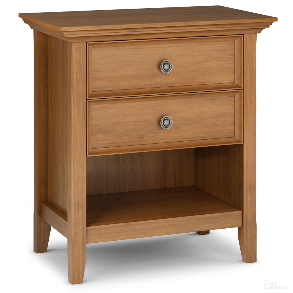 The appearance of Amherst Solid Wood Bedside Table In Light Golden Brown designed by Simpli Home in the traditional interior design. This light golden brown piece of furniture was selected by 1StopBedrooms from Amherst Collection to add a touch of cosiness and style into your home. Sku: AXCAMH-BSLGB. Material: Pine.
