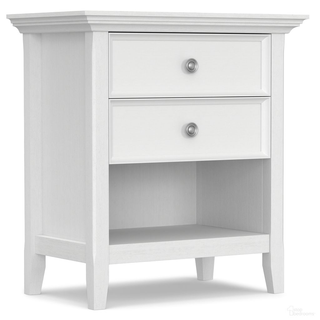 The appearance of Amherst Solid Wood Bedside Table In White designed by Simpli Home in the transitional interior design. This white piece of furniture  was selected by 1StopBedrooms from Amherst Collection to add a touch of cosiness and style into your home. Sku: AXCAMH-BSW. Material: Pine.
