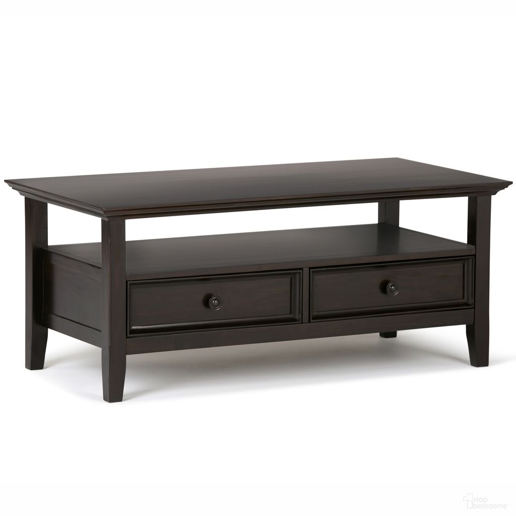 The appearance of Amherst Solid Wood Coffee Table In Hickory Brown designed by Simpli Home in the transitional interior design. This hickory brown piece of furniture was selected by 1StopBedrooms from Amherst Collection to add a touch of cosiness and style into your home. Sku: AXCRAMH01-HIC. Material: Pine.