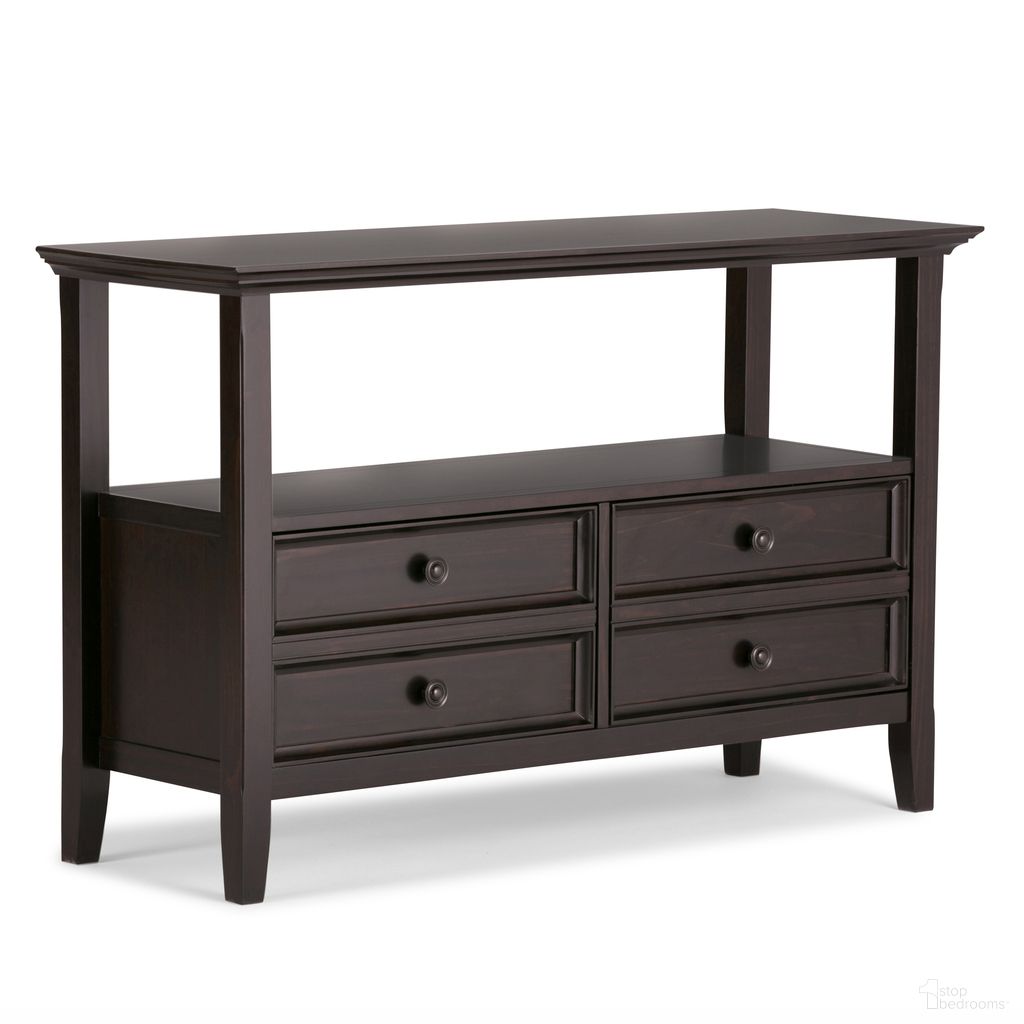 The appearance of Amherst Solid Wood Console Sofa Table In Hickory Brown designed by Simpli Home in the transitional interior design. This hickory brown piece of furniture  was selected by 1StopBedrooms from Amherst Collection to add a touch of cosiness and style into your home. Sku: AXCRAMH06-HIC. Material: Pine.