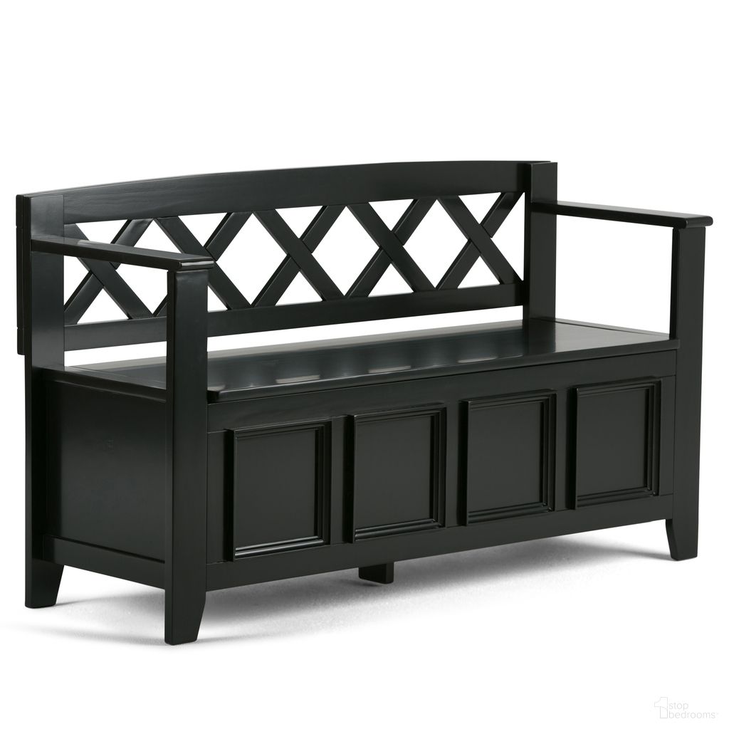 The appearance of Amherst Solid Wood Entryway Storage Bench In Black designed by Simpli Home in the transitional interior design. This black piece of furniture was selected by 1StopBedrooms from Amherst Collection to add a touch of cosiness and style into your home. Sku: AXCAB-BNCH-B. Material: Pine.