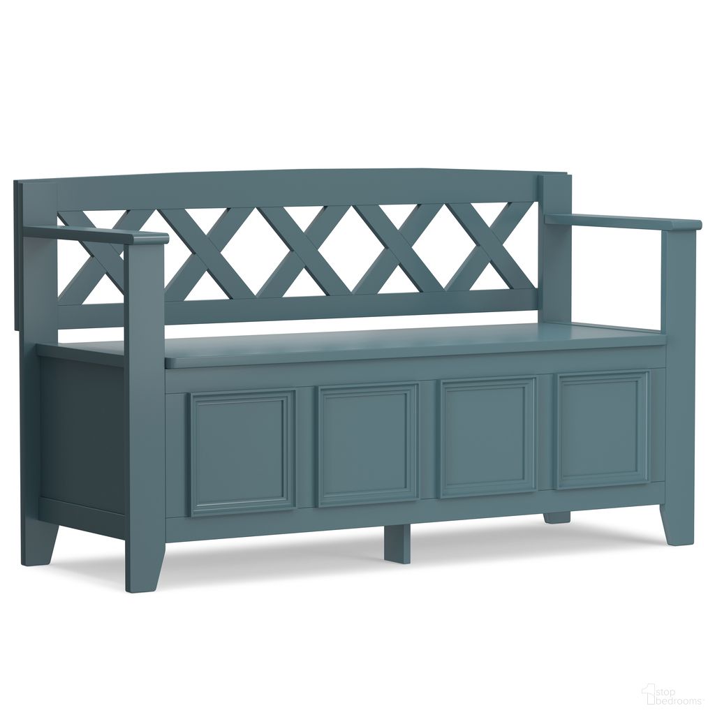 The appearance of Amherst Solid Wood Entryway Storage Bench In French Blue designed by Simpli Home in the transitional interior design. This french blue piece of furniture was selected by 1StopBedrooms from Amherst Collection to add a touch of cosiness and style into your home. Sku: AXCAMH13-BU. Material: Pine.
