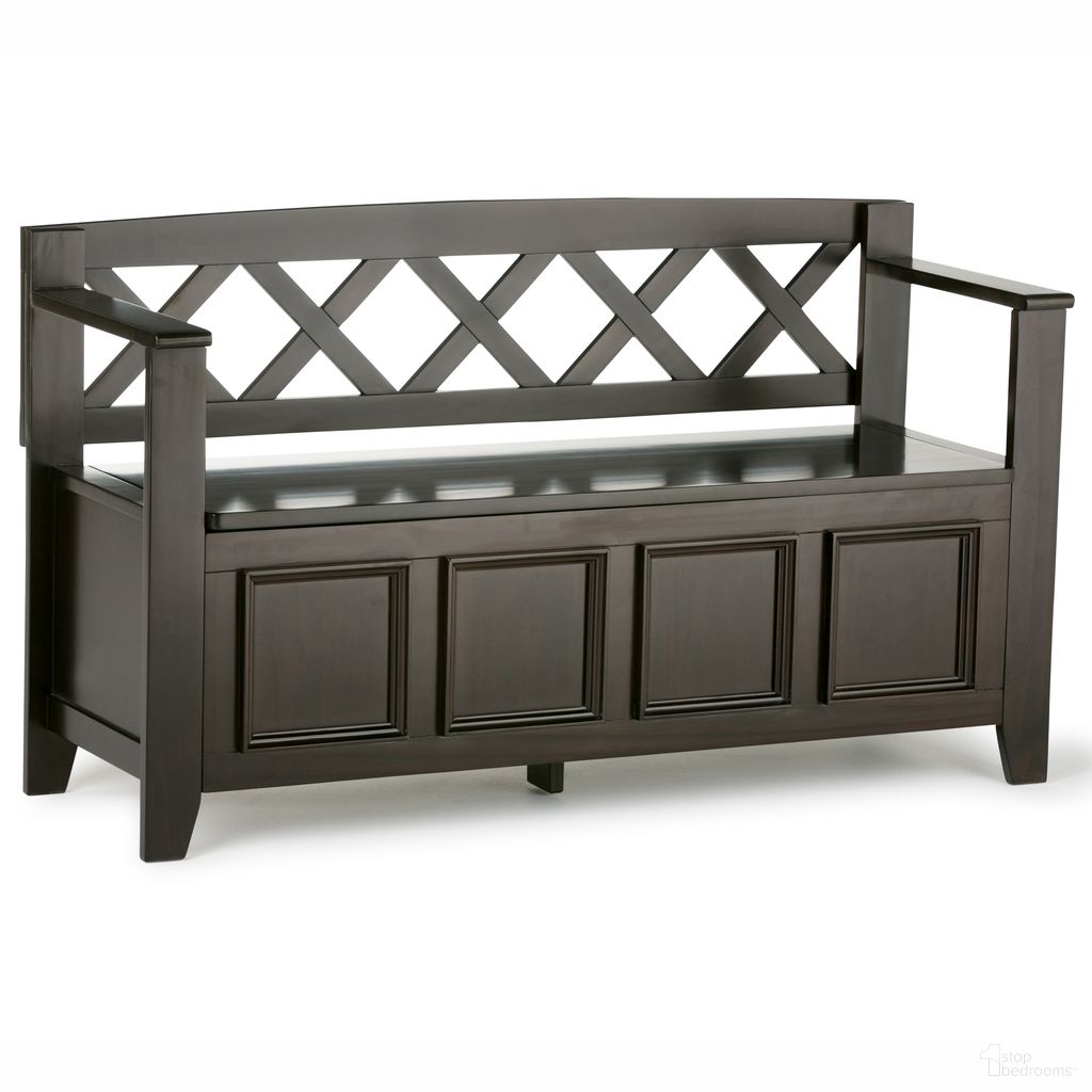 The appearance of Amherst Solid Wood Entryway Storage Bench In Hickory Brown designed by Simpli Home in the transitional interior design. This hickory brown piece of furniture was selected by 1StopBedrooms from Amherst Collection to add a touch of cosiness and style into your home. Sku: AXCRAMH13-HIC. Material: Pine.
