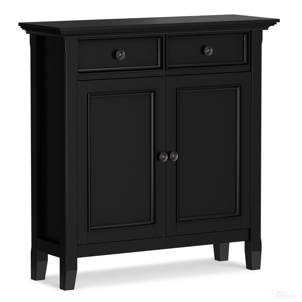 The appearance of Amherst Solid Wood Entryway Storage Cabinet In Black designed by Simpli Home in the transitional interior design. This black piece of furniture was selected by 1StopBedrooms from Amherst Collection to add a touch of cosiness and style into your home. Sku: AXCAMH47-BL. Material: Pine.