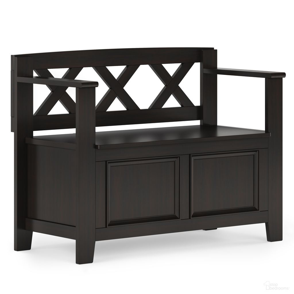 The appearance of Amherst Solid Wood Small Entryway Storage Bench In Hickory Brown designed by Simpli Home in the transitional interior design. This hickory brown piece of furniture was selected by 1StopBedrooms from Amherst Collection to add a touch of cosiness and style into your home. Sku: AXCAMH57-HIC. Material: Pine.