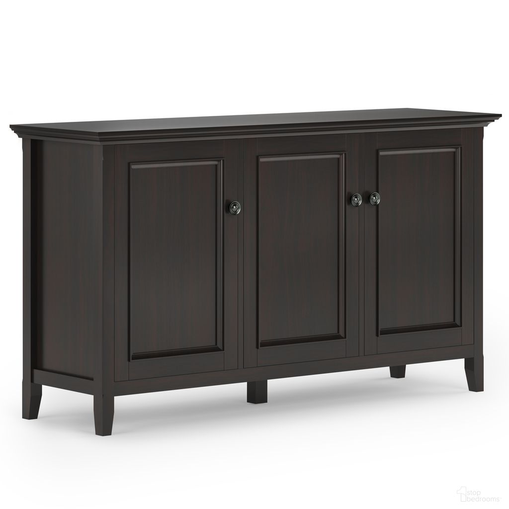 The appearance of Amherst Solid Wood Wide 3 Door Storage Cabinet In Hickory Brown designed by Simpli Home in the transitional interior design. This hickory brown piece of furniture  was selected by 1StopBedrooms from Amherst Collection to add a touch of cosiness and style into your home. Sku: AXCAMH39-HIC. Material: Pine.