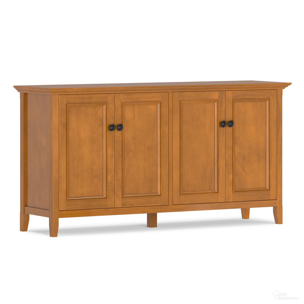 The appearance of Amherst Solid Wood Wide 4 Door Storage Cabinet In Light Golden Brown designed by Simpli Home in the transitional interior design. This light golden brown piece of furniture  was selected by 1StopBedrooms from Amherst Collection to add a touch of cosiness and style into your home. Sku: AXCAMH53-LGB. Material: Pine.