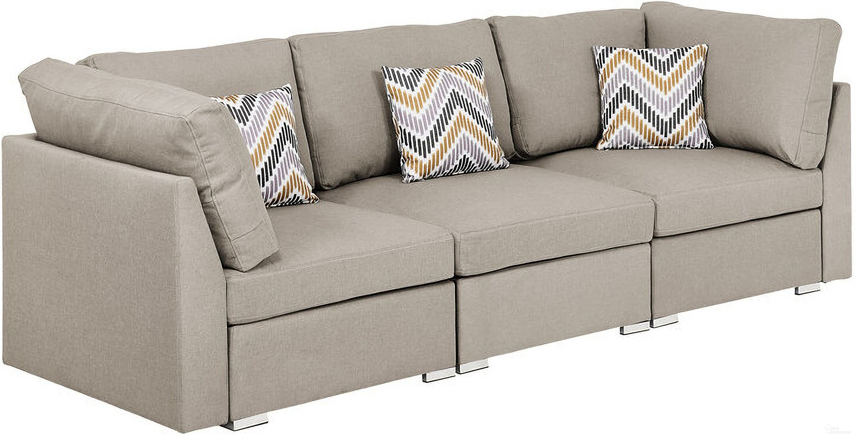The appearance of Amira Beige Fabric Sofa Couch With Pillows designed by Lilola Home in the modern / contemporary interior design. This beige piece of furniture  was selected by 1StopBedrooms from Amira Collection to add a touch of cosiness and style into your home. Sku: 89820-3. Material: Wood.