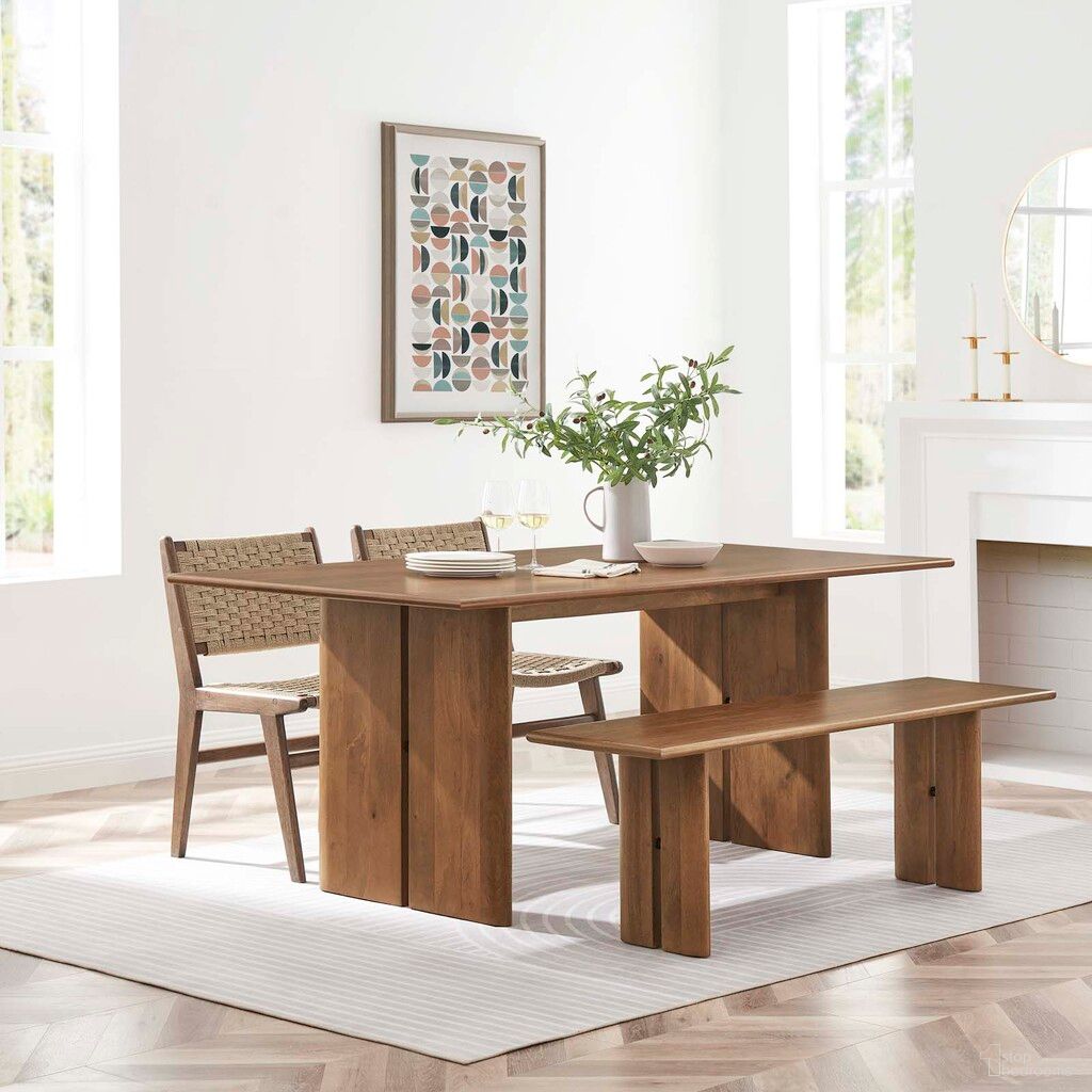 The appearance of Amistad 72 Inch Wood Dining Table and Bench Set In Walnut designed by Modway in the modern / contemporary interior design. This walnut piece of furniture  was selected by 1StopBedrooms from Amistad Collection to add a touch of cosiness and style into your home. Sku: EEI-6339-WAL;EEI-6344-WAL. Material: Wood.