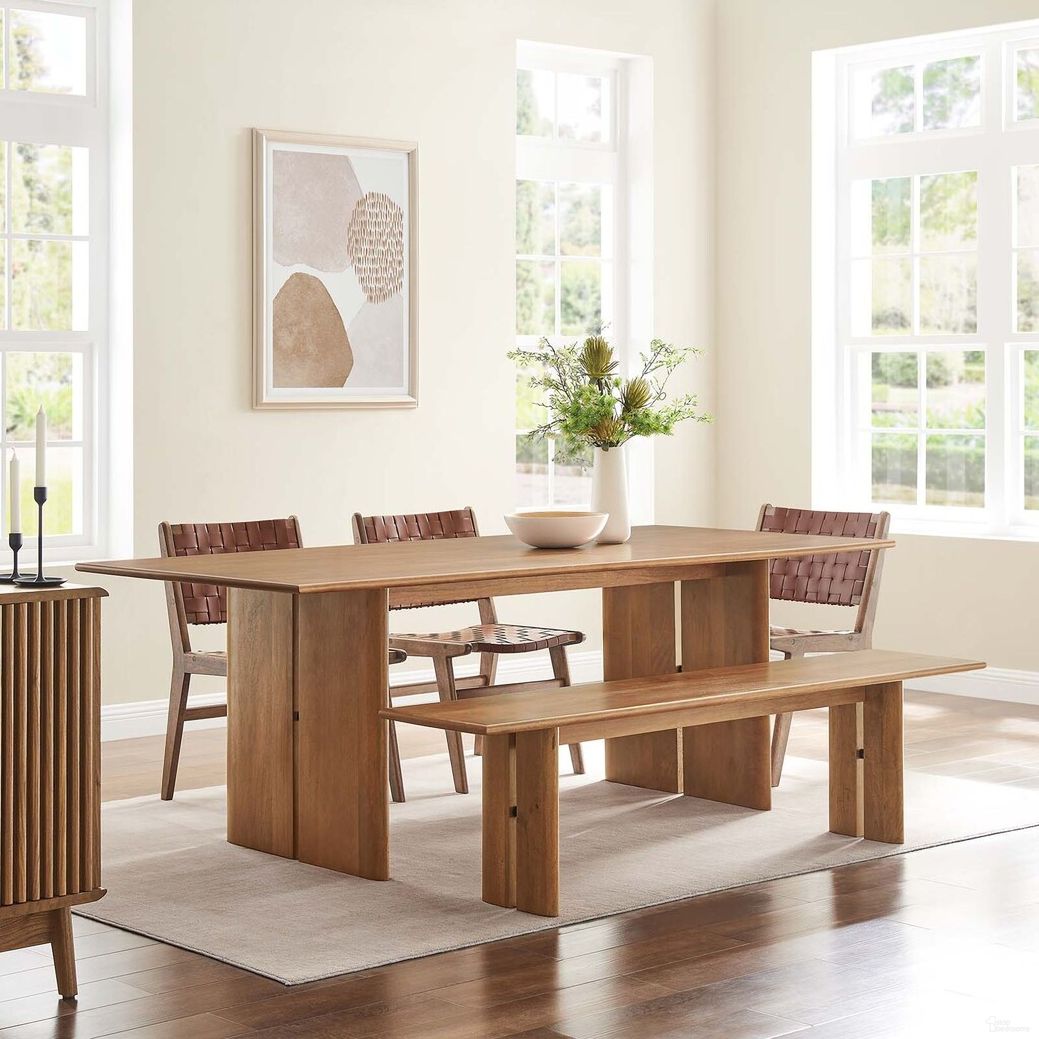 The appearance of Amistad 86 Inch Wood Dining Table and Bench Set In Walnut designed by Modway in the modern / contemporary interior design. This walnut piece of furniture  was selected by 1StopBedrooms from Amistad Collection to add a touch of cosiness and style into your home. Sku: EEI-6340-WAL;EEI-6345-WAL. Material: Wood.