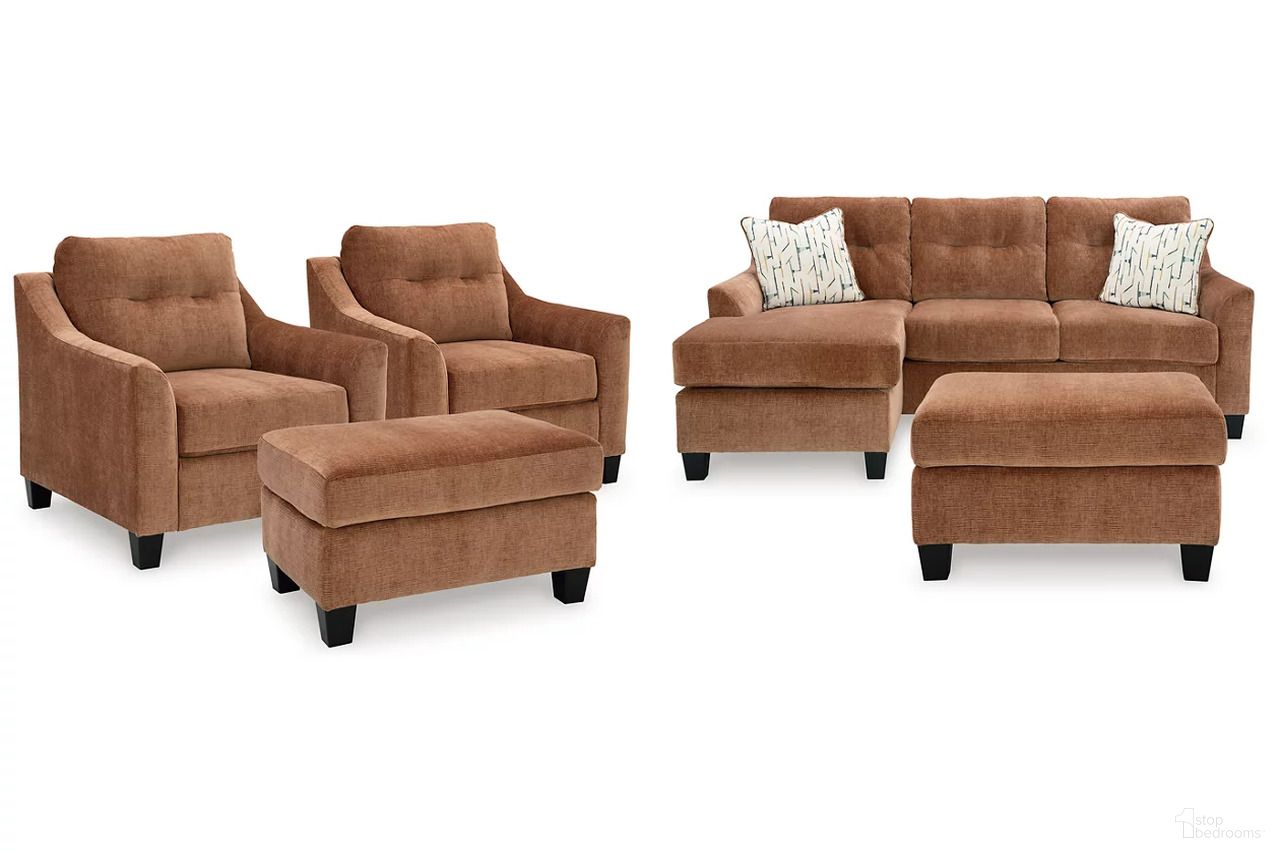 The appearance of Amity Bay Sofa Chaise Sleeper with Chairs and Ottomans In Clay designed by Signature Design by Ashley in the modern / contemporary interior design. This clay piece of furniture was selected by 1StopBedrooms from Amity Bay Collection to add a touch of cosiness and style into your home. Sku: 6720468;6720414;6720414;6720420;6720420. Material: Fabric.