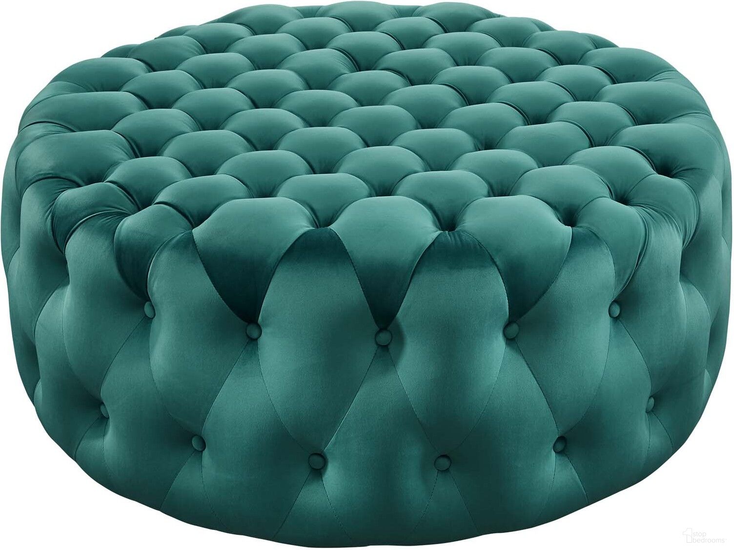 Amour Tufted Button Large Round Performance Velvet Ottoman In Teal