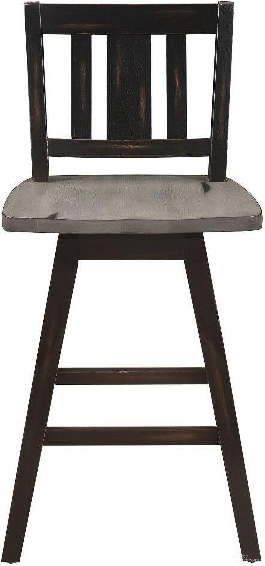 The appearance of Amsonia Distressed Gray And Black Slat Back Swivel Counter Height Chair Set of 2 designed by Homelegance in the transitional interior design. This black piece of furniture  was selected by 1StopBedrooms from Amsonia Collection to add a touch of cosiness and style into your home. Sku: 5602-24BKS2. Material: Rubberwood.