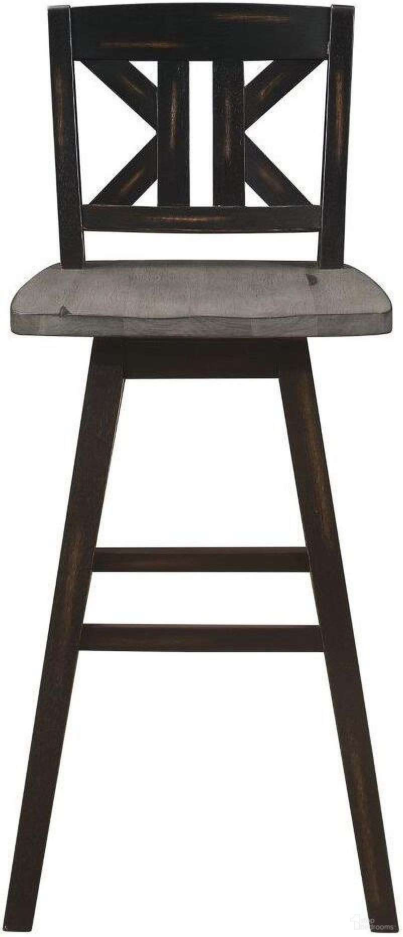 The appearance of Amsonia Distressed Gray And Black X Back Swivel Pub Height Chair Set of 2 designed by Homelegance in the transitional interior design. This black piece of furniture  was selected by 1StopBedrooms from Amsonia Collection to add a touch of cosiness and style into your home. Sku: 5602-29BKS1. Material: Rubberwood.