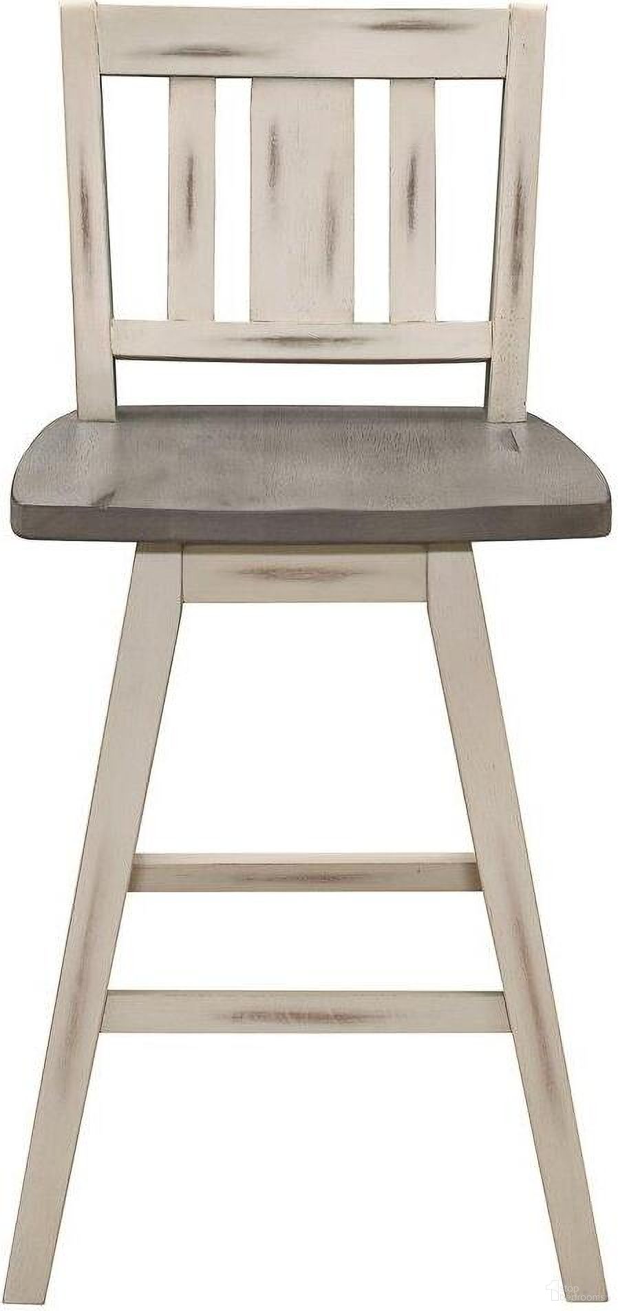 The appearance of Amsonia Distressed Gray And White Slat Back Swivel Counter Height Chair Set of 2 designed by Homelegance in the transitional interior design. This white piece of furniture  was selected by 1StopBedrooms from Amsonia Collection to add a touch of cosiness and style into your home. Sku: 5602-24WTS2. Material: Rubberwood.