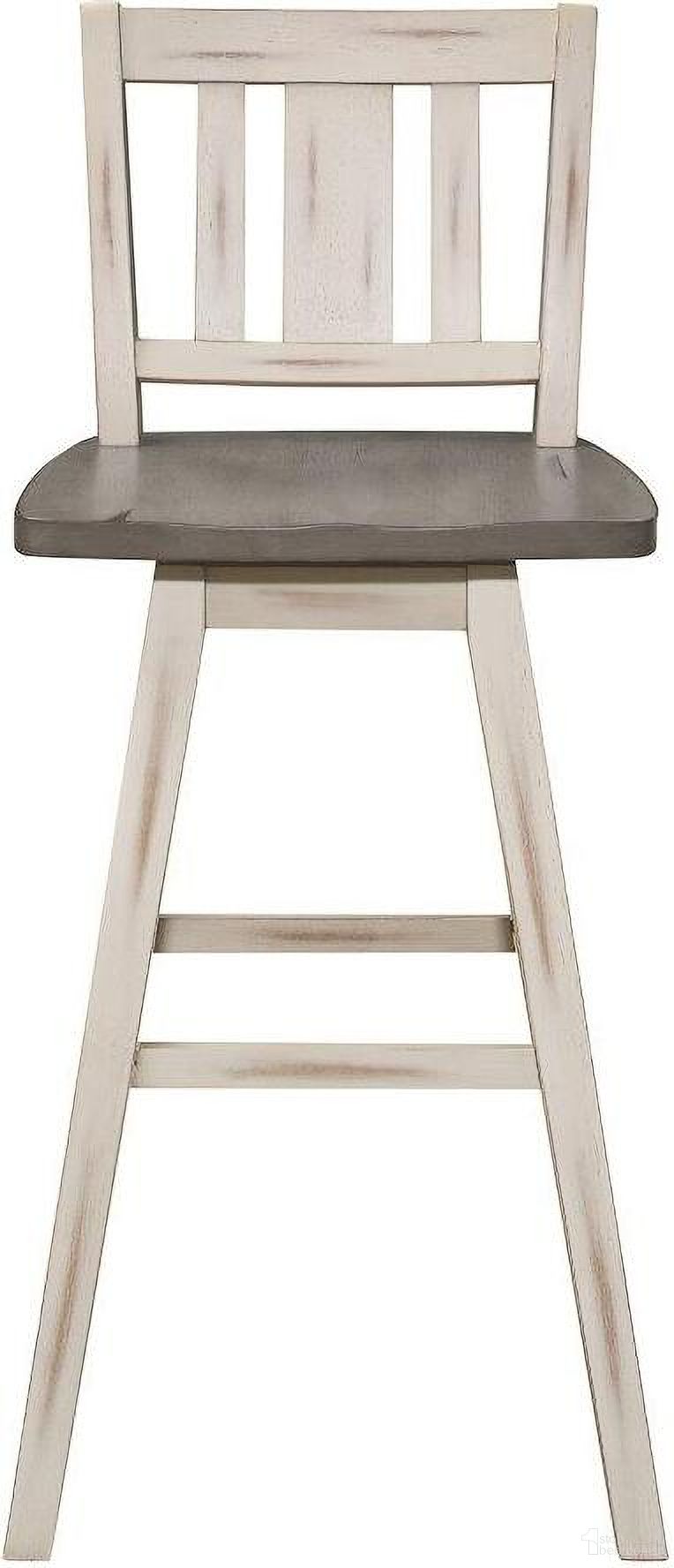 The appearance of Amsonia Distressed Gray And White Slat Back Swivel Pub Height Chair Set of 2 designed by Homelegance in the transitional interior design. This white piece of furniture was selected by 1StopBedrooms from Amsonia Collection to add a touch of cosiness and style into your home. Sku: 5602-29WTS2. Material: Rubberwood.