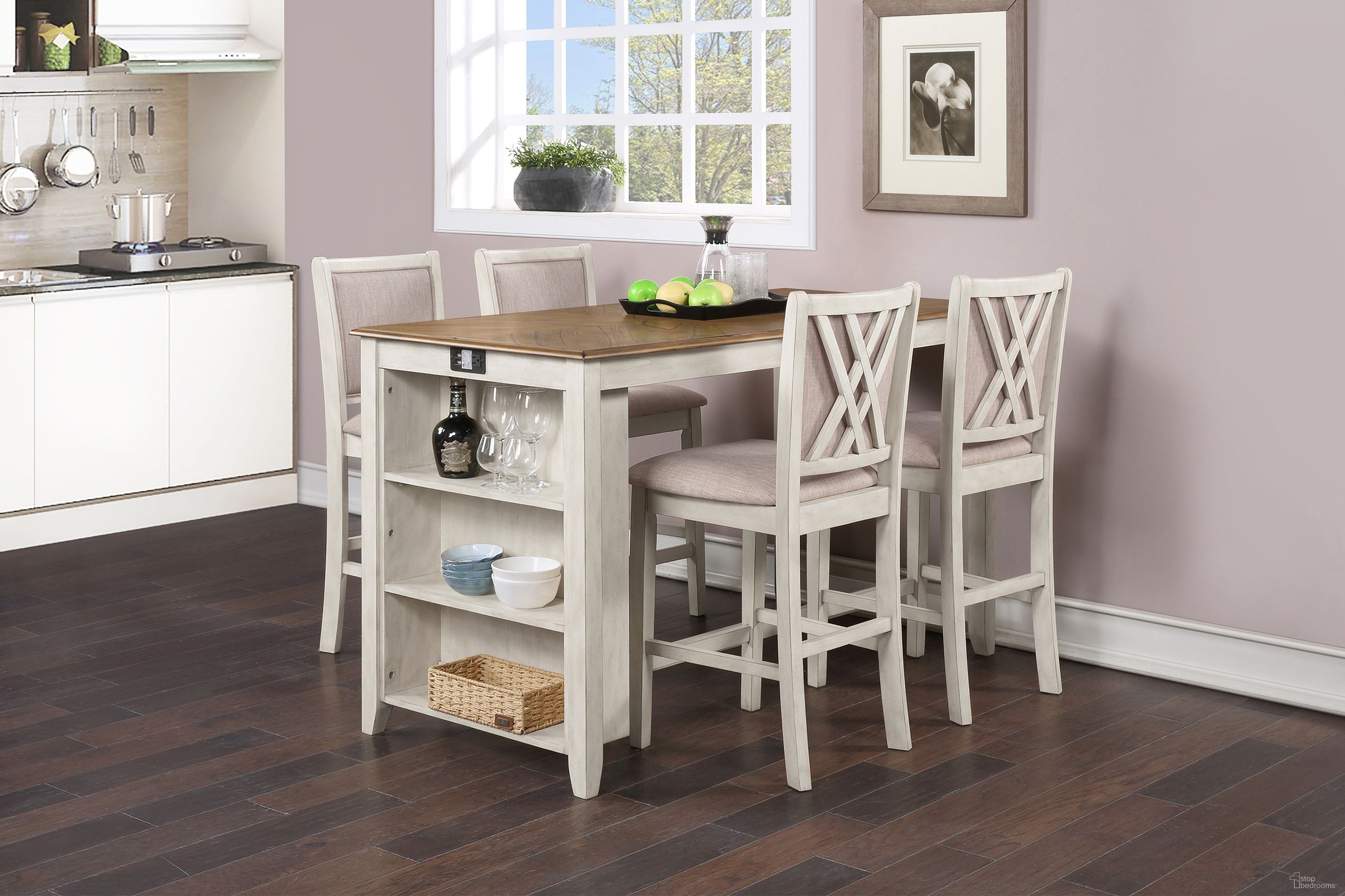 The appearance of Amy 5 Piece 60 Inch Counter Storage Table and Chairs In Bisque and Brown designed by New Classic in the country / farmhouse interior design. This bisque piece of furniture was selected by 1StopBedrooms from Amy Collection to add a touch of cosiness and style into your home. Sku: D3651-60CS-BSQ. Material: Wood.