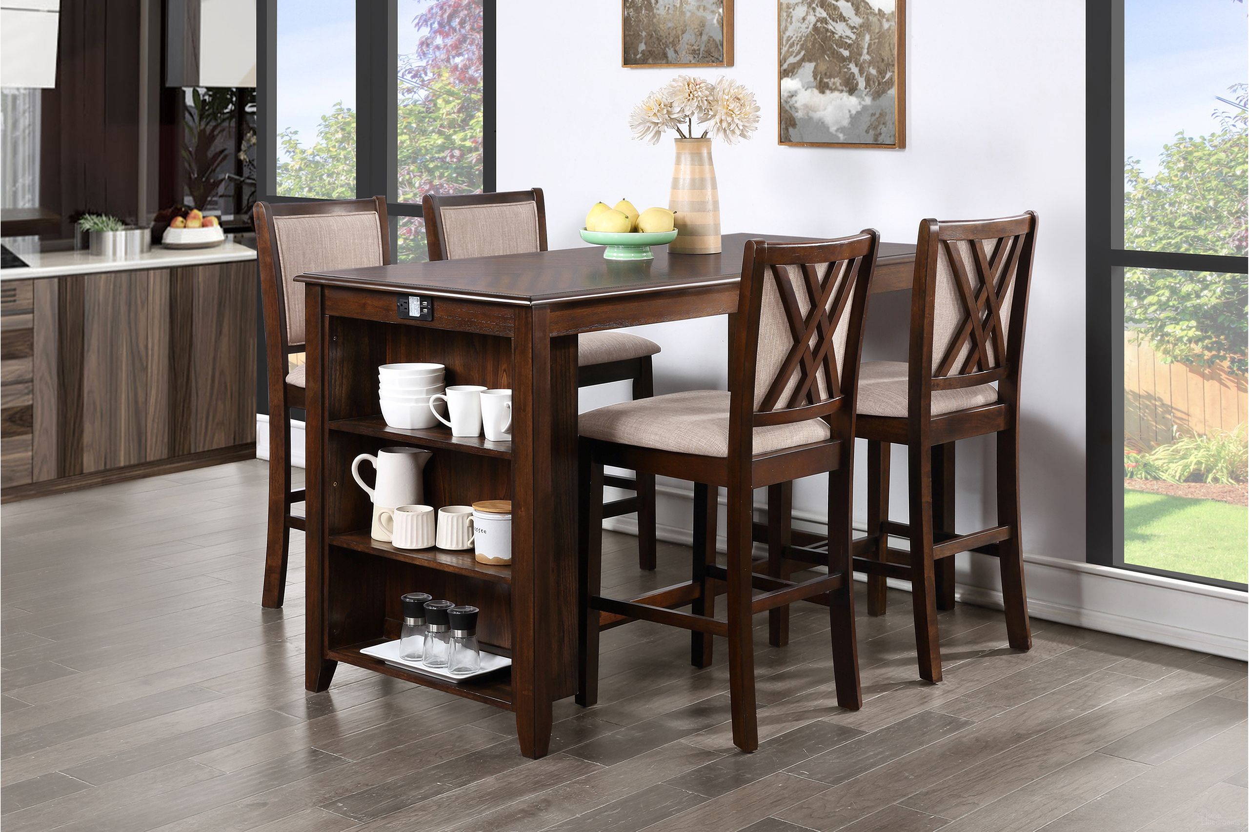 The appearance of Amy 5 Piece 60 Inch Counter Storage Table and Chairs In Brown Cherry designed by New Classic in the transitional interior design. This cherry piece of furniture  was selected by 1StopBedrooms from Amy Collection to add a touch of cosiness and style into your home. Sku: D3651-60CS-CHY. Material: Wood.