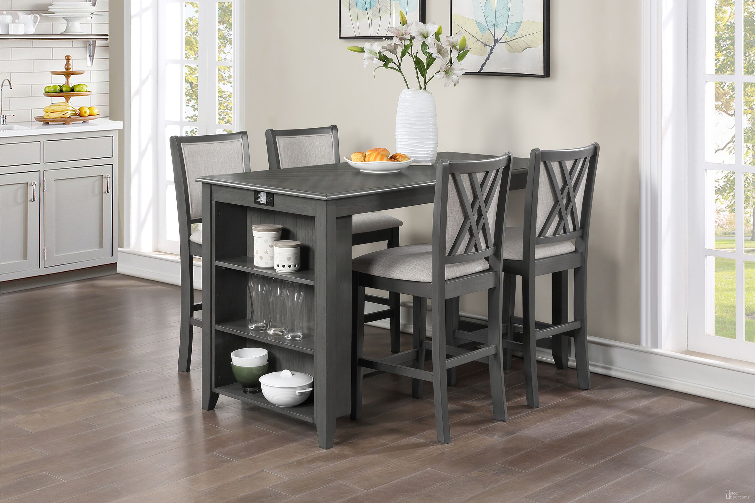 The appearance of Amy 5 Piece 60 Inch Counter Storage Table and Chairs In Gray designed by New Classic in the transitional interior design. This gray piece of furniture  was selected by 1StopBedrooms from Amy Collection to add a touch of cosiness and style into your home. Sku: D3651-60CS-GRY. Material: Wood.