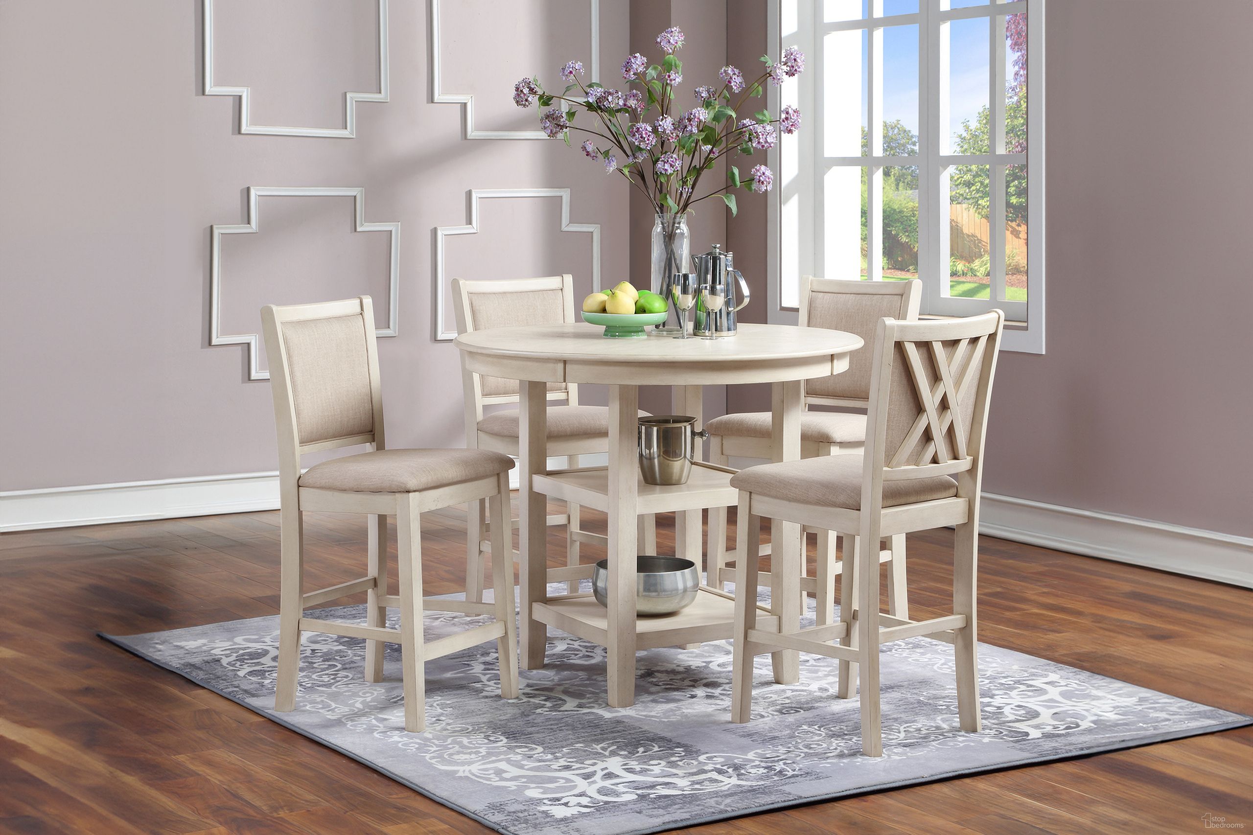 The appearance of Amy 5 Piece Counter Table Set In Bisque designed by New Classic in the country / farmhouse interior design. This bisque piece of furniture was selected by 1StopBedrooms from Amy Collection to add a touch of cosiness and style into your home. Sku: D3651-52S-BSQ. Material: Wood.