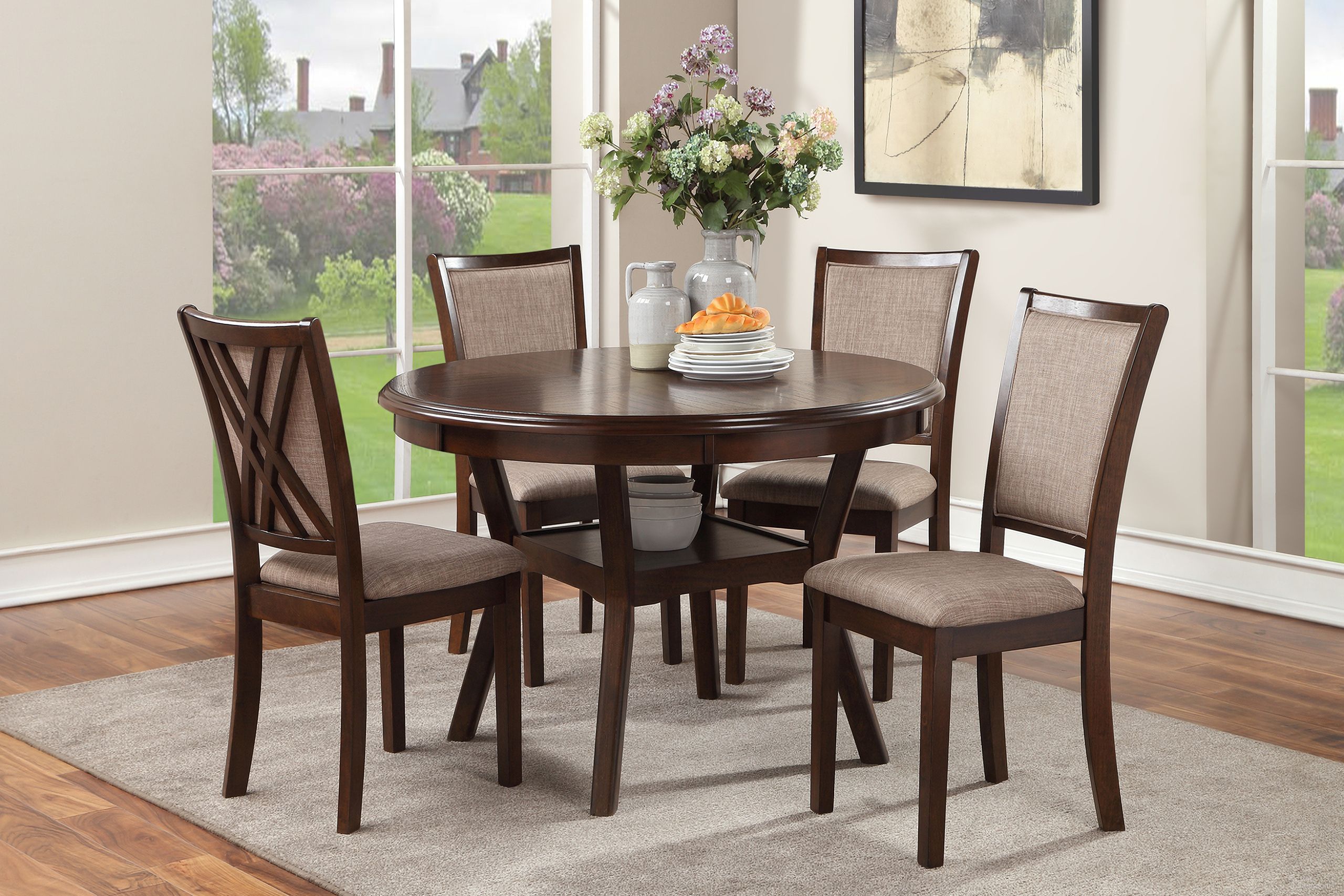 The appearance of Amy 5 Piece Dining Room Set In Cherry designed by New Classic in the transitional interior design. This cherry piece of furniture  was selected by 1StopBedrooms from Amy Collection to add a touch of cosiness and style into your home. Sku: D3651-50S-CHY. Material: Wood.