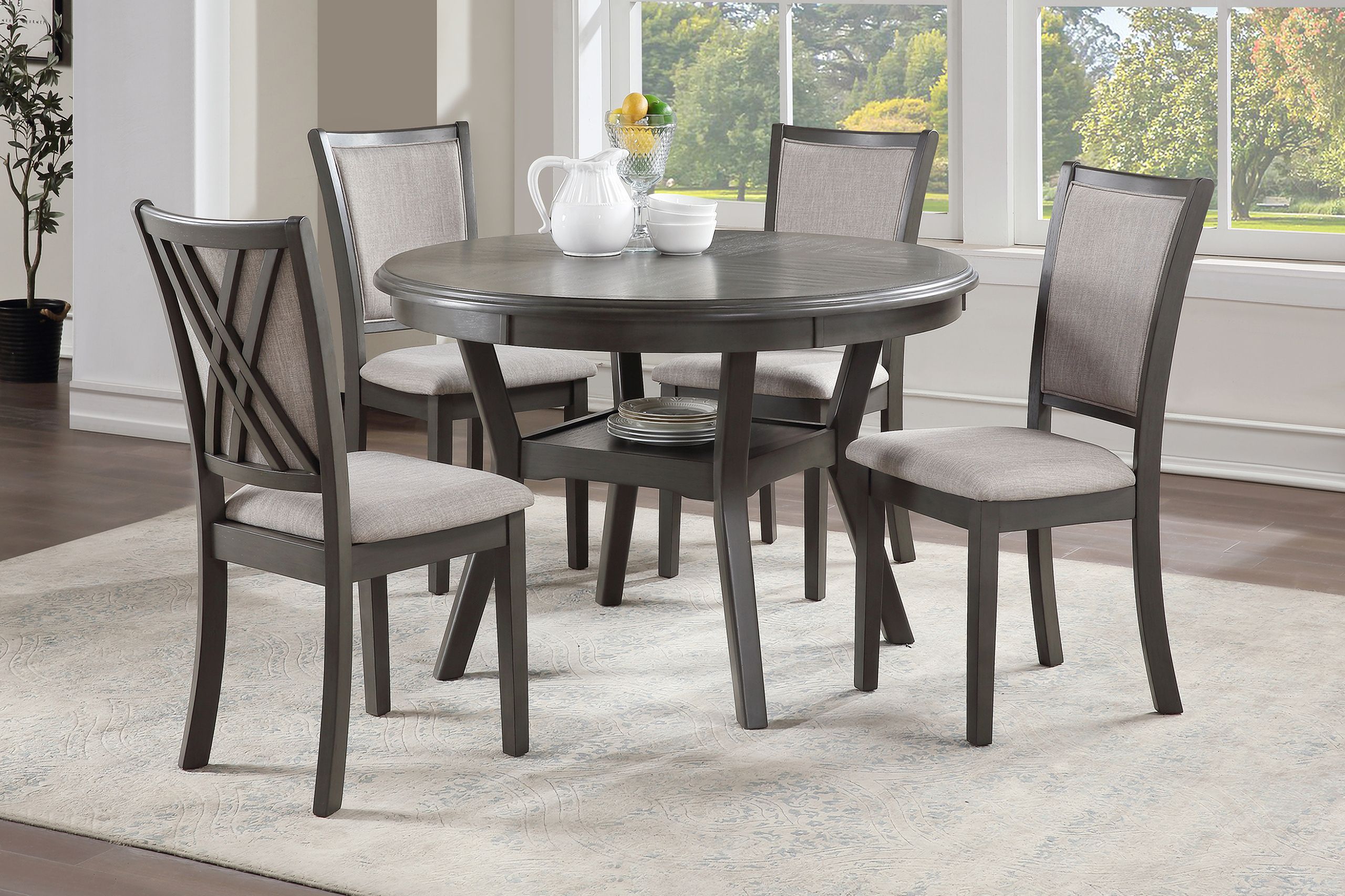 The appearance of Amy 5 Piece Dining Room Set In Gray designed by New Classic in the transitional interior design. This gray piece of furniture  was selected by 1StopBedrooms from Amy Collection to add a touch of cosiness and style into your home. Sku: D3651-50S-GRY. Material: Wood.