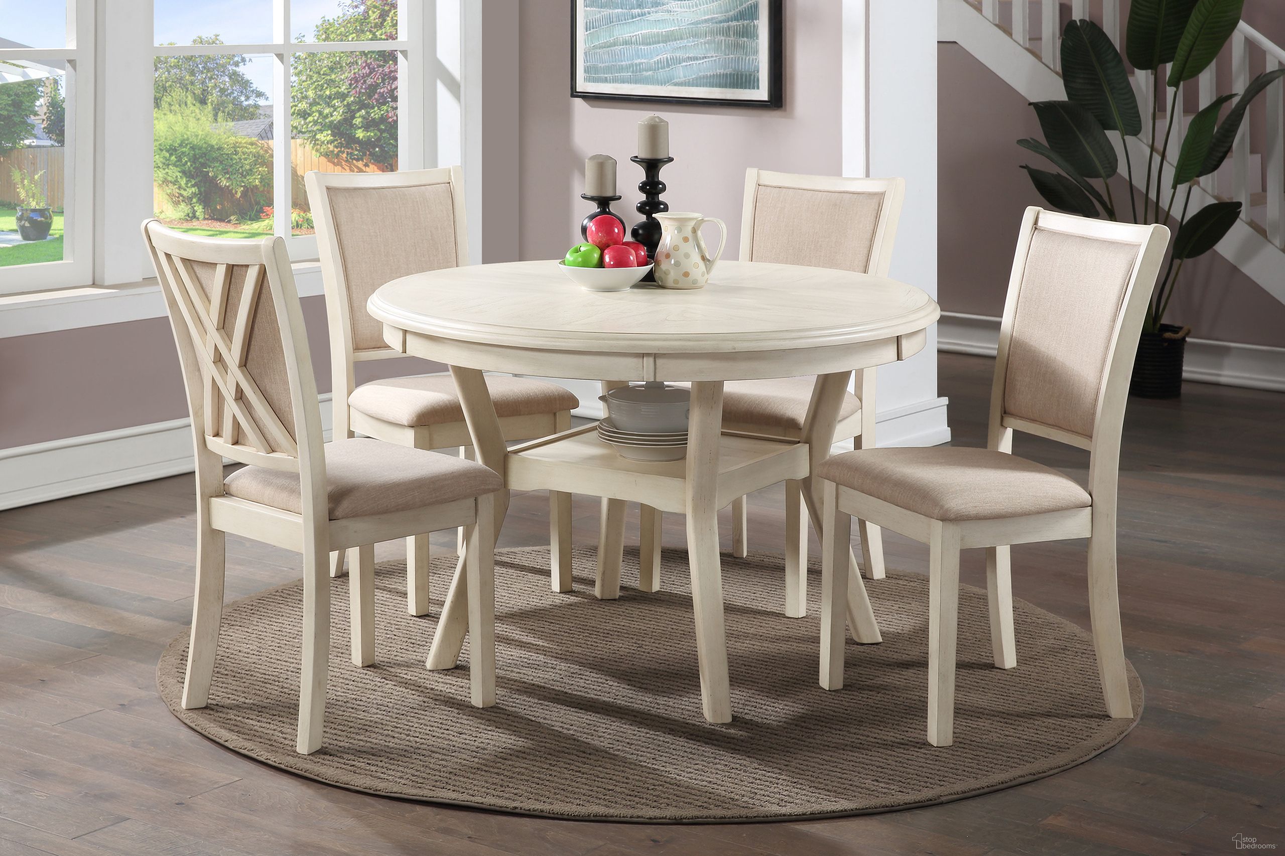 The appearance of Amy 5 Piece Round Dining Room Set In Bisque designed by New Classic in the country / farmhouse interior design. This bisque piece of furniture was selected by 1StopBedrooms from Amy Collection to add a touch of cosiness and style into your home. Sku: D3651-50S-BSQ. Material: Wood.