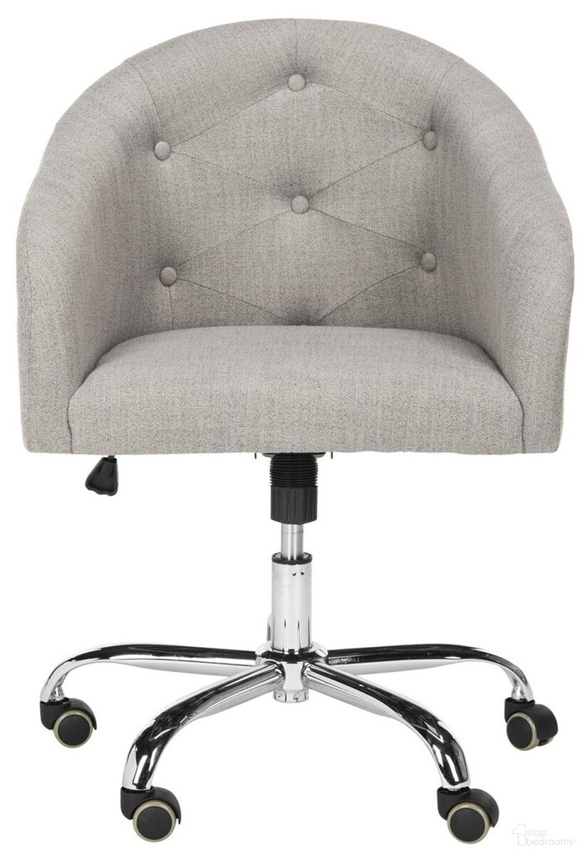 The appearance of Amy Tufted Linen Chrome Leg Swivel Office Chair in Grey designed by Safavieh in the modern / contemporary interior design. This grey piece of furniture was selected by 1StopBedrooms from Amy Collection to add a touch of cosiness and style into your home. Sku: OCH4500A. Material: Metal.
