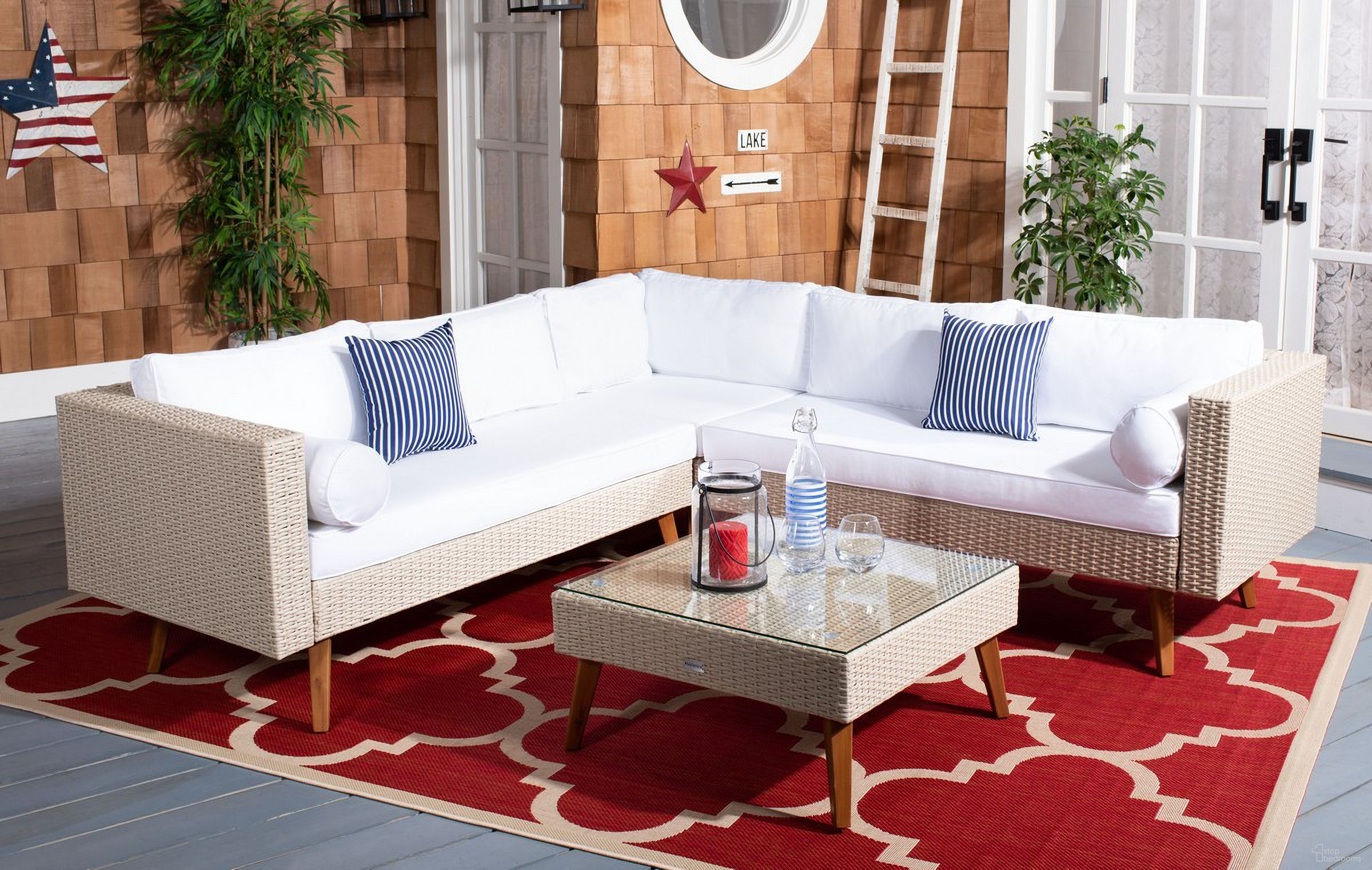 The appearance of Analon Outdoor Sectional in Beige designed by Safavieh in the modern / contemporary interior design. This beige piece of furniture was selected by 1StopBedrooms from Analon Collection to add a touch of cosiness and style into your home. Sku: PAT7716B-3BX. Material: Steel.