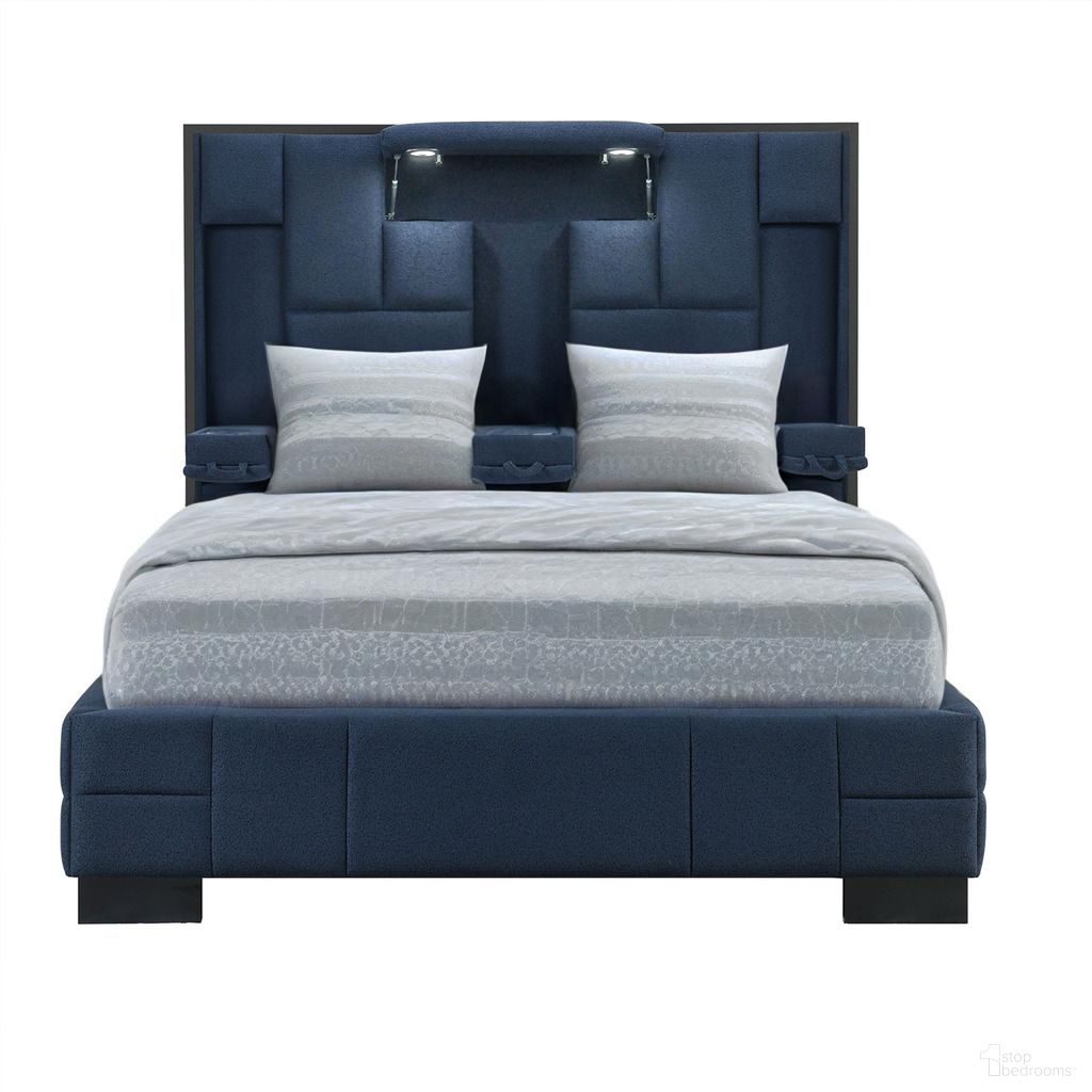 The appearance of and Upholstered Lighted Queen Bed Frame with USB In Navy Blue designed by Homeroots in the modern / contemporary interior design. This navy blue piece of furniture was selected by 1StopBedrooms from to add a touch of cosiness and style into your home. Sku: 564741. Material: Fabric. Bed Size: Queen. Bed Type: Upholstered Bed.