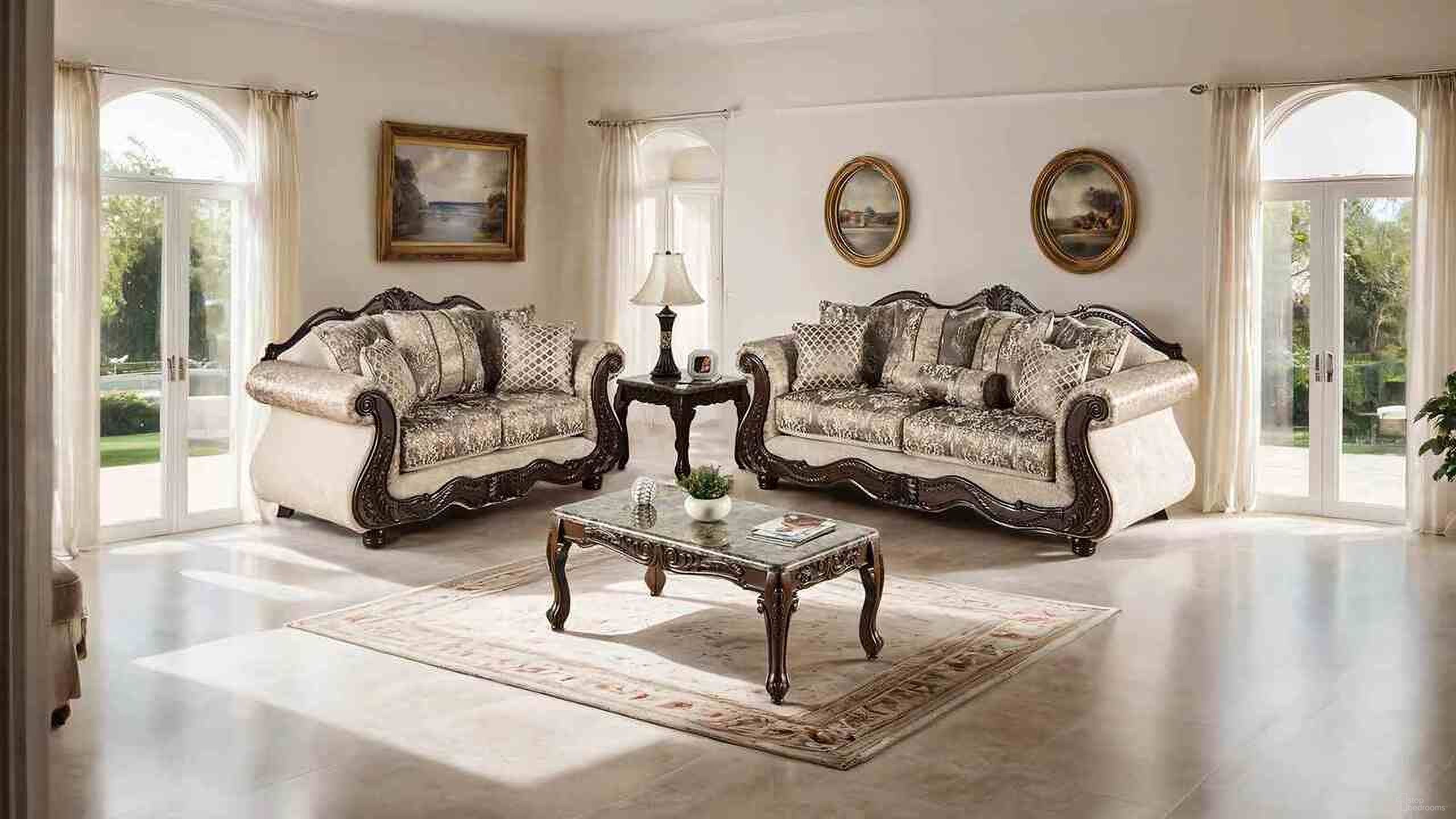The appearance of Andalusia Living Room Set In Light Brown and Dark Cherry designed by Furniture of America in the traditional interior design. This light brown and dark cherry piece of furniture was selected by 1StopBedrooms from Andalusia Collection to add a touch of cosiness and style into your home. Sku: SM6450-SF;SM6450-LV. Material: Fabric.