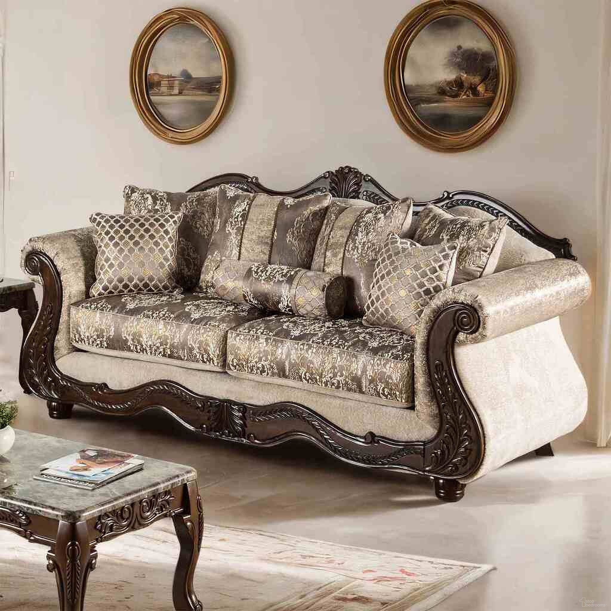 The appearance of Andalusia Sofa In Light Brown and Dark Cherry designed by Furniture of America in the traditional interior design. This light brown and dark cherry piece of furniture was selected by 1StopBedrooms from Andalusia Collection to add a touch of cosiness and style into your home. Sku: SM6450-SF. Material: Fabric.