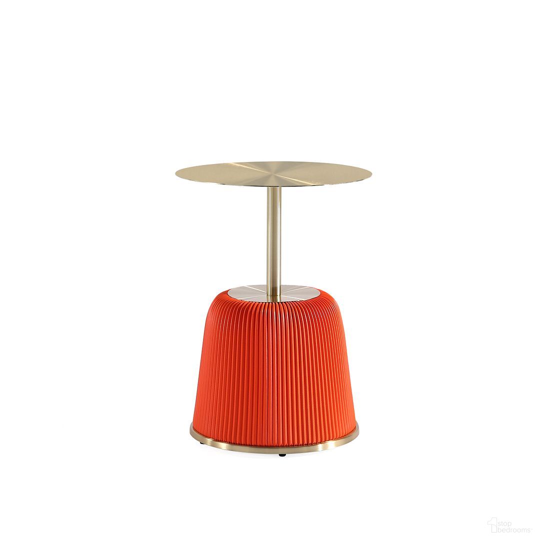 The appearance of Anderson End Table In Orange and Gold designed by Manhattan Comfort in the modern / contemporary interior design. This orange piece of furniture  was selected by 1StopBedrooms from Anderson Collection to add a touch of cosiness and style into your home. Sku: ET004-OR. Material: Stainless Steel.