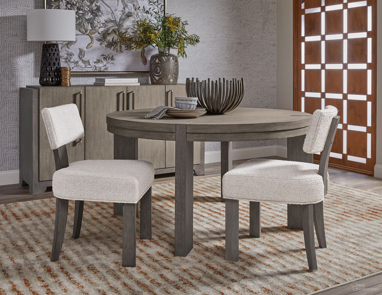 The appearance of Anderson Park Round Dining Room Set In Moose Trail and Frontier Brown designed by Pulaski in the modern / contemporary interior design. This moose trail/frontier brown piece of furniture was selected by 1StopBedrooms from Anderson Park Collection to add a touch of cosiness and style into your home. Sku: P402230;P402260. Table Top Shape: Oval. Material: Oak Veneer. Size: 76" x 56".